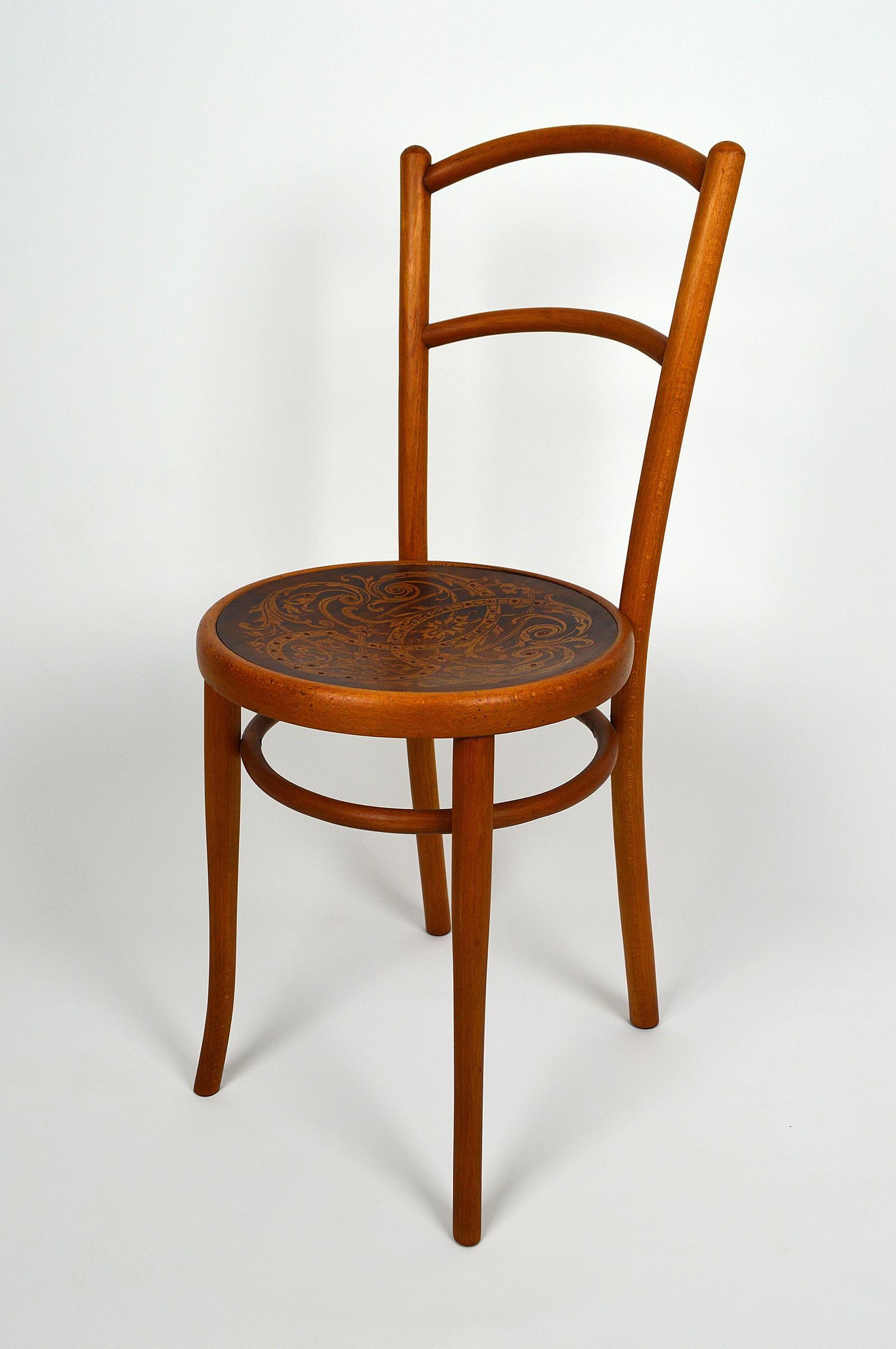 Art Nouveau Bistro Chair by J&J Kohn with Decorated Seat, circa 1900 For Sale