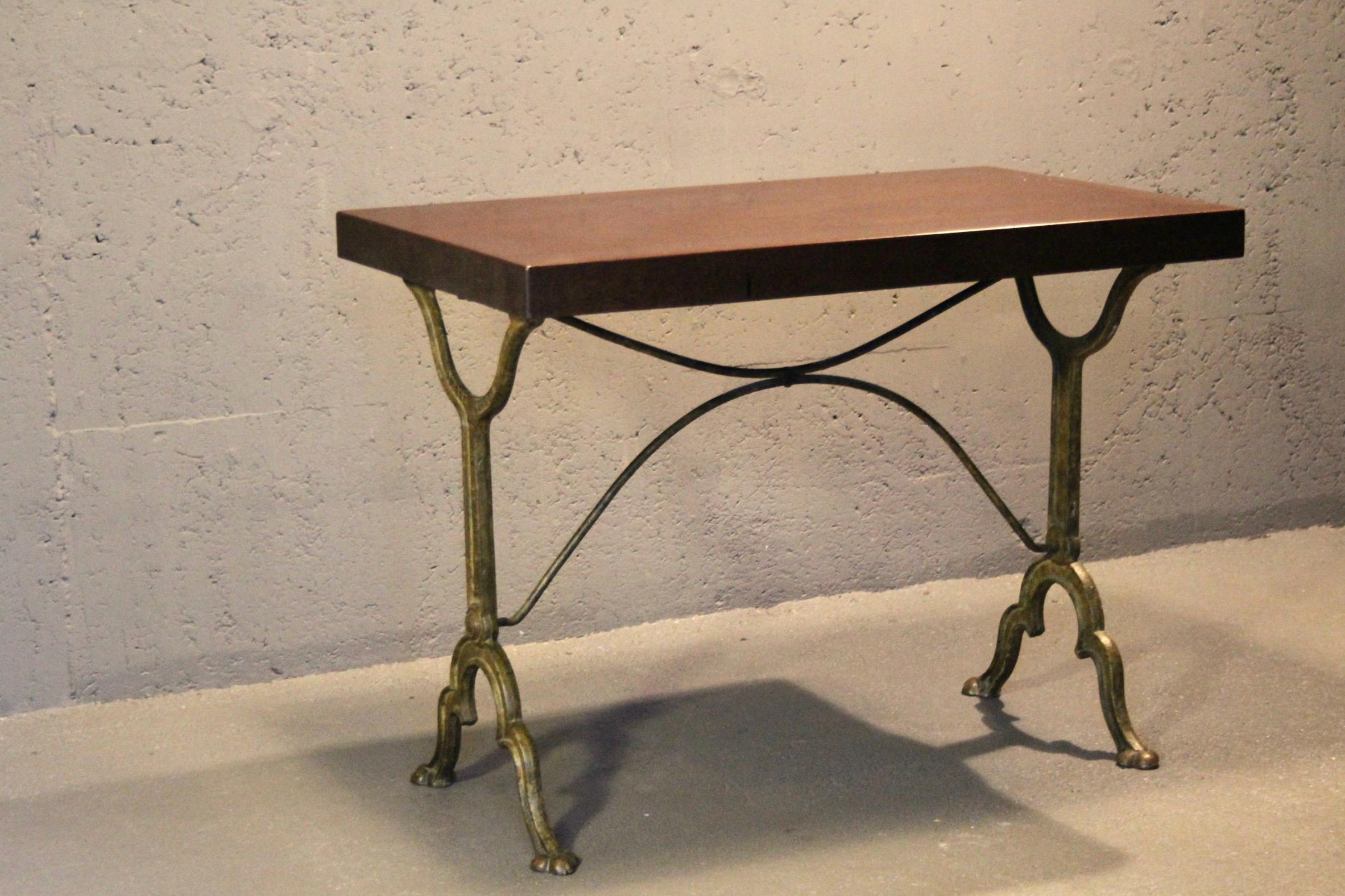 bistro table with a signed design, Bakelite top, and cast iron base For Sale 5