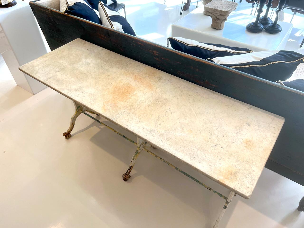 Patinated Bistro Table with White Marble Top, 19th Century, French White Iron