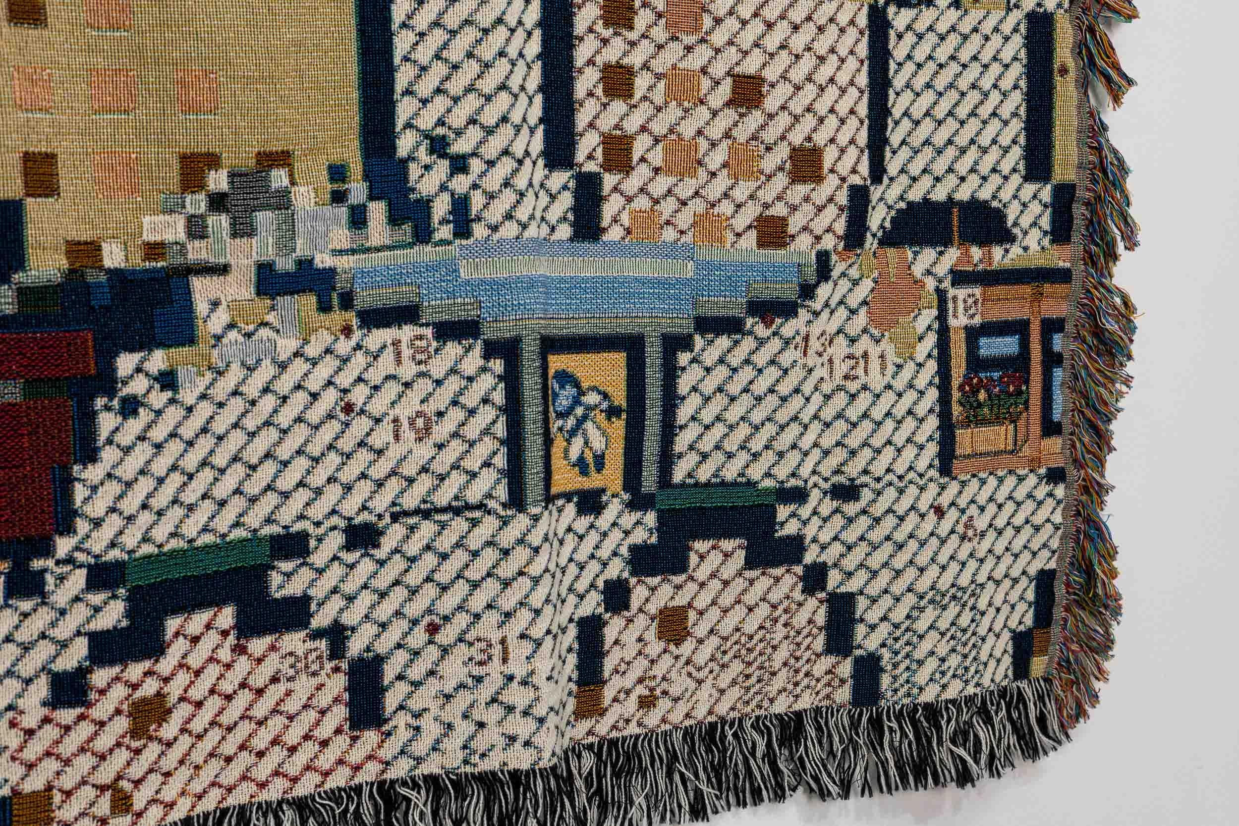 Bit map decke 04 von Luft Tanaka Studio 

Eine farbenfrohe grafische Decke / Wandteppich aus 100 % Baumwollgarn gewebt, die auf digitaler Pixelkunst basiert, die mit einer frühen Bitmap-Zeichensoftware aus den 1980er und 1990er Jahren erstellt