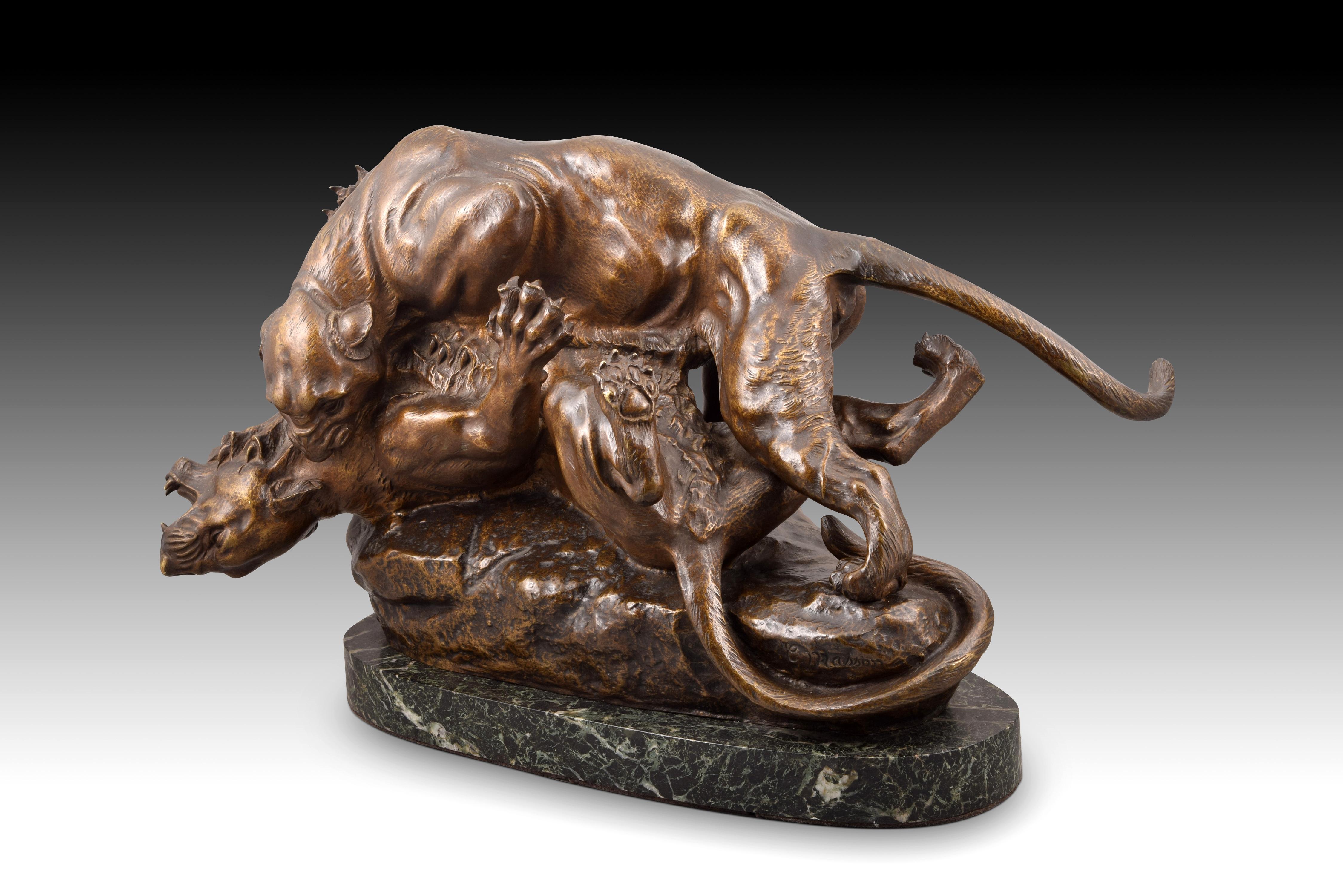 Grip. Blued bronze, marble. France, towards the end of the 19th century. 
Blued bronze sculpture on an oval marble base veined in green tones that shows two lionesses or two panthers immersed in a fight, one biting the neck of the other and both