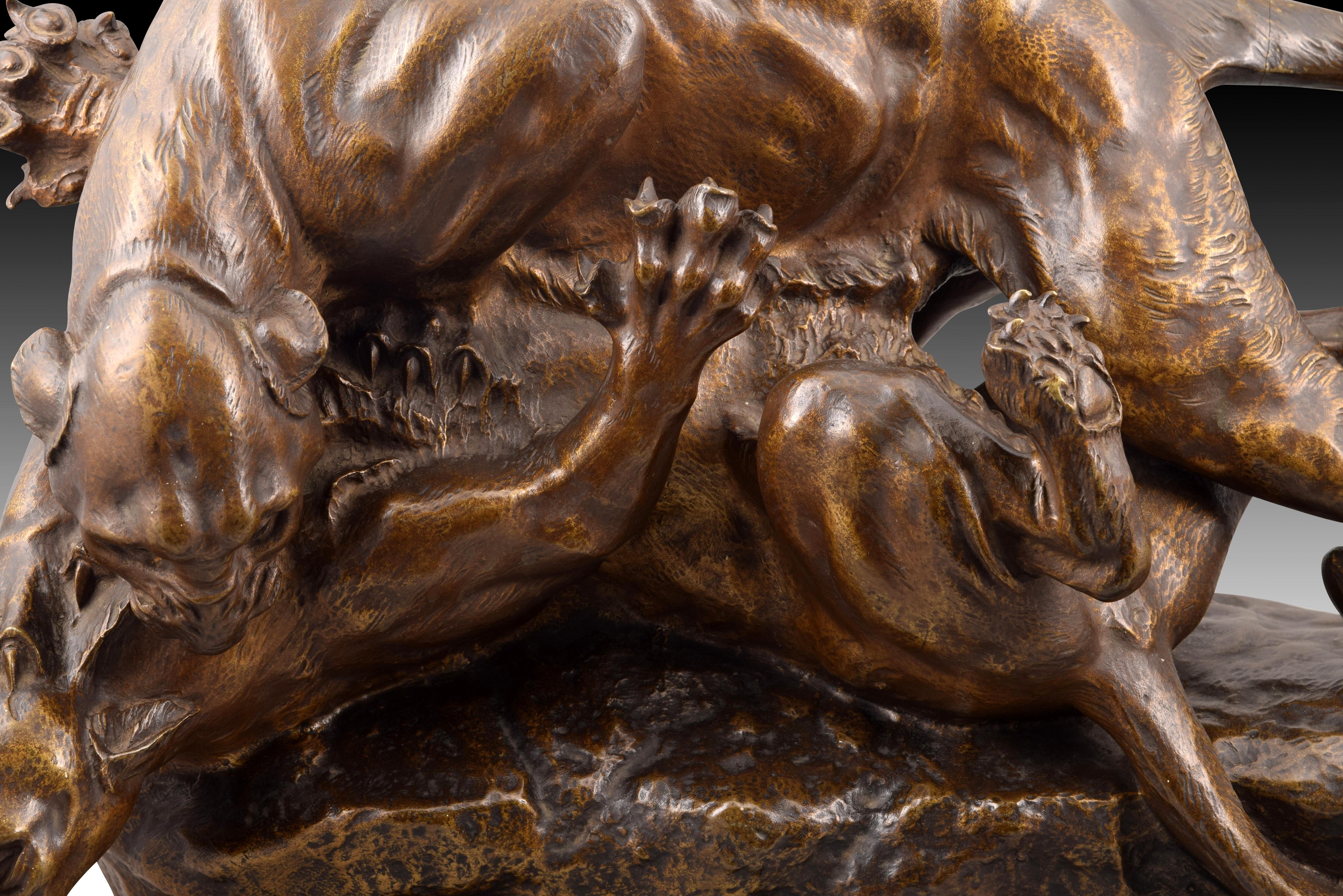 French Bite, Panthers, Bronze, Marble, France, circa Late 19th Century, Masson For Sale