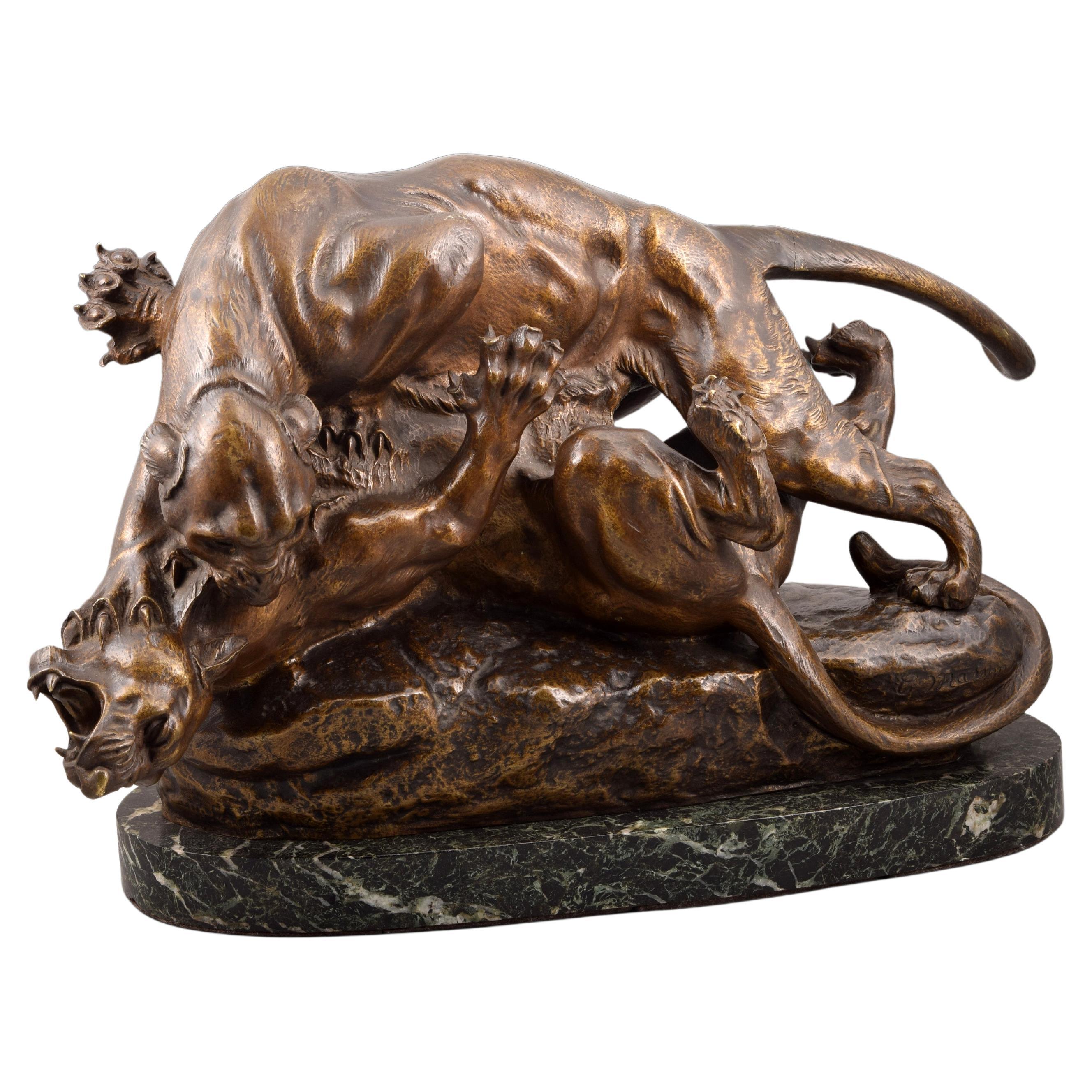 Bite, Panthers, Bronze, Marble, France, circa Late 19th Century, Masson For Sale