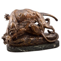 Bite, Panthers, Bronze, Marble, France, circa Late 19th Century, Masson