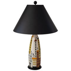 Bitosi Raymor Midcentury Tall Ceramic Hand Painted "Cityscape" Table Lamp