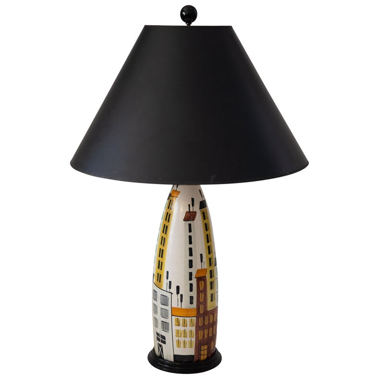 Bitosi Raymor Midcentury Tall Ceramic Hand Painted Cityscape Bitosi Raymor Midcentury Tall Ceramic