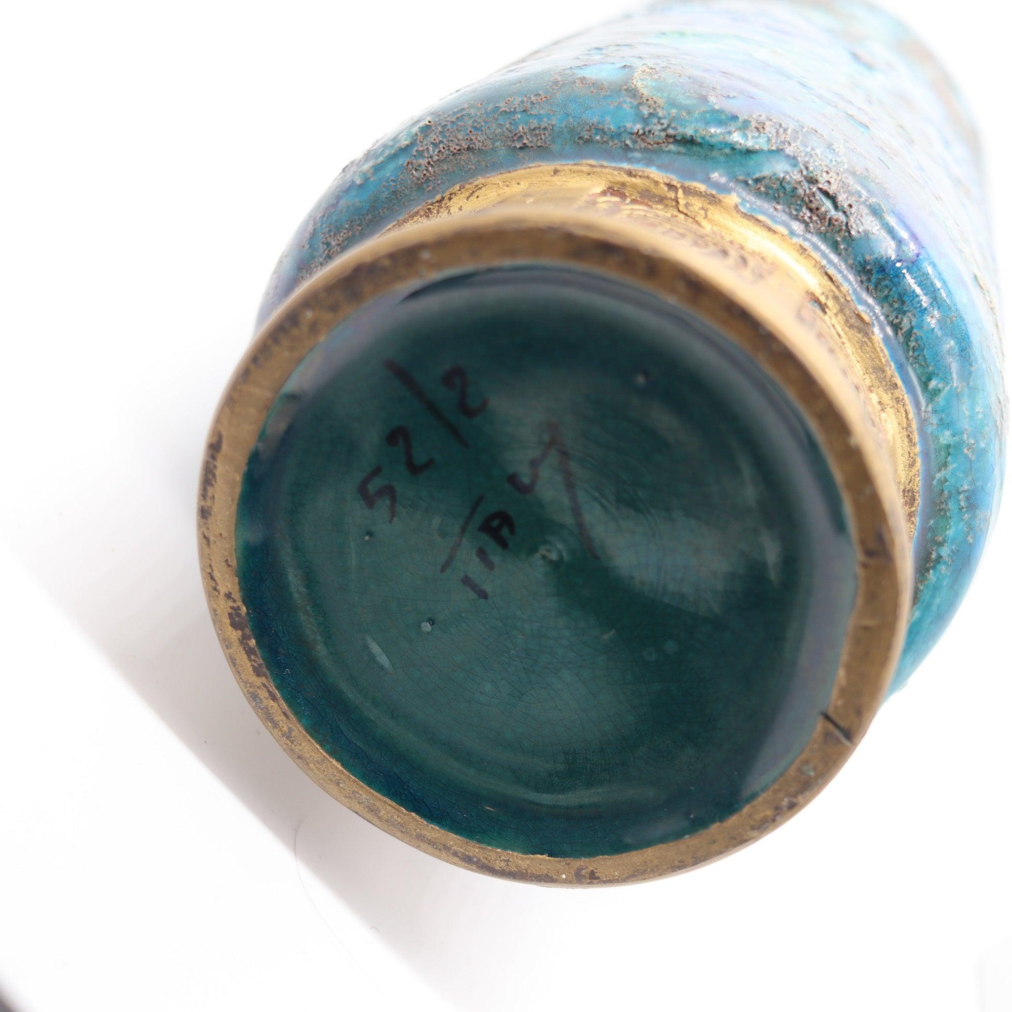 BITOSSI 1964 Italian Cinese Tall Vase In Glazed Blue Terracotta With Gold In Excellent Condition For Sale In Miami, FL