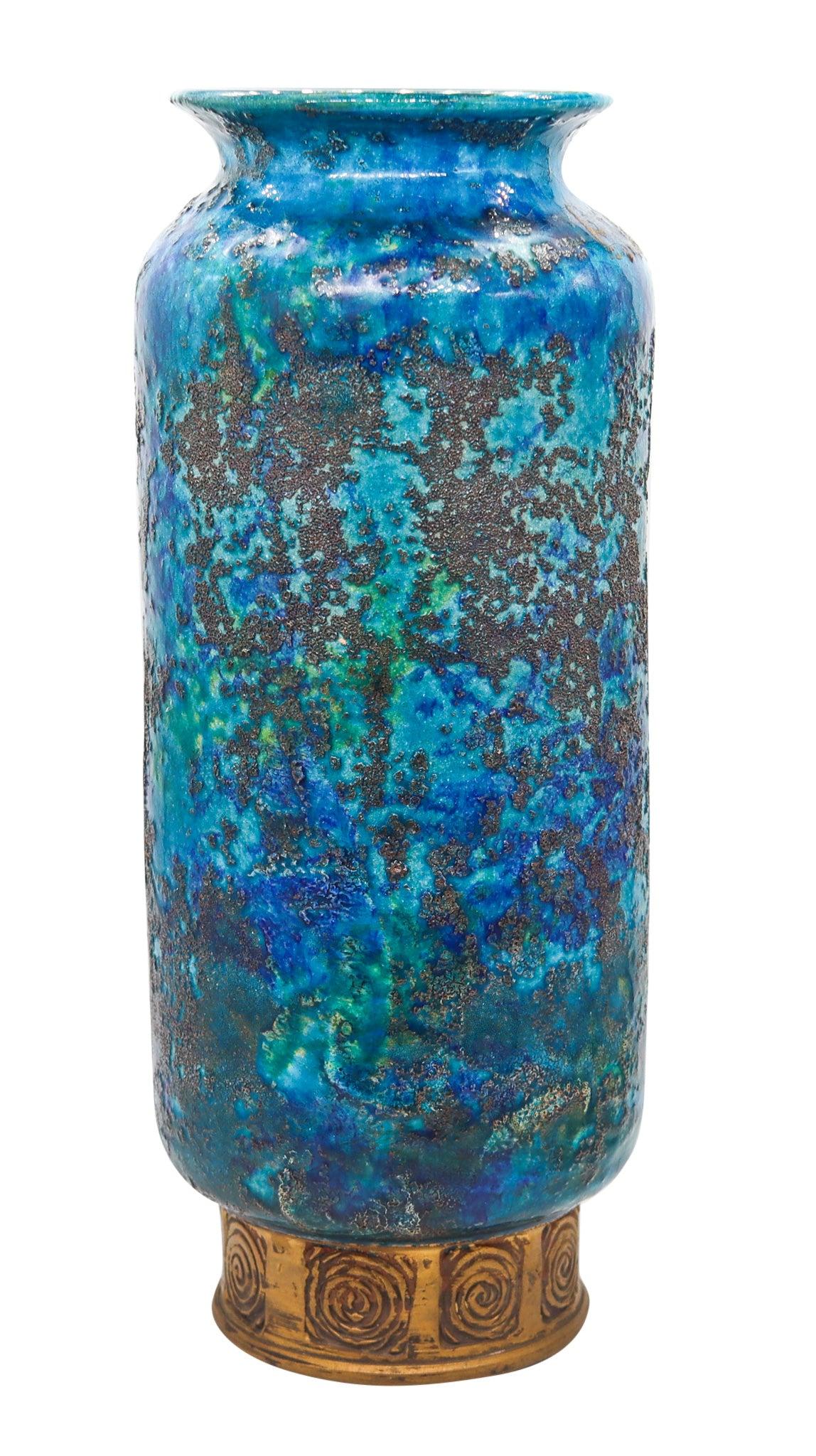 BITOSSI 1964 Italian Cinese Tall Vase In Glazed Blue Terracotta With Gold For Sale