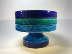 Bitossi 1970s Striped Ceramic Footed Pedestal Bowl Rimini Blue, Green Dark Blue