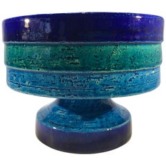 Bitossi 1970s Striped Ceramic Footed Pedestal Bowl Rimini Blue, Green Dark Blue