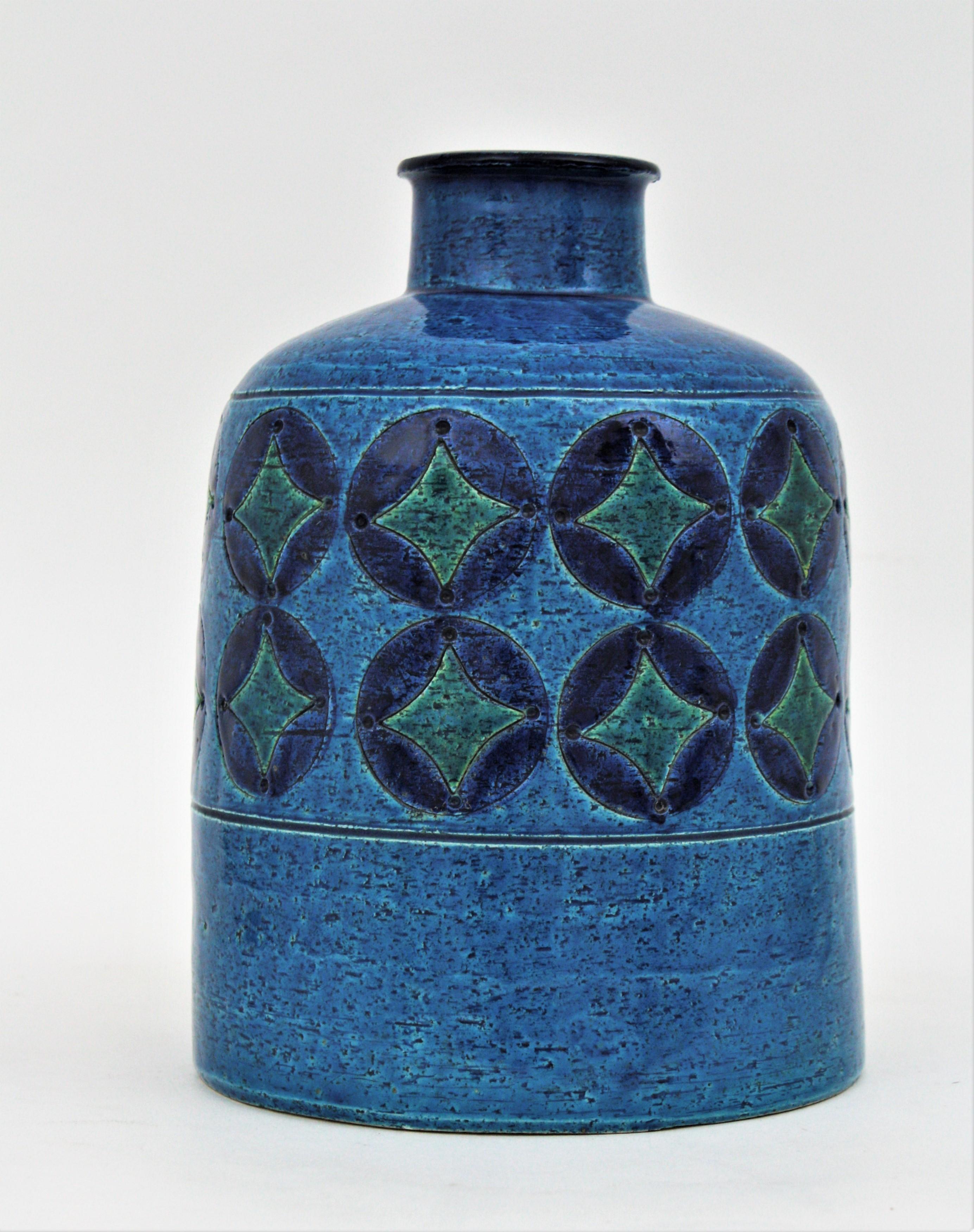 Mid-Century Modern Bitossi Aldo Londi Blue Ceramic Large Bottle Vase with Circles & Rhombus Pattern For Sale
