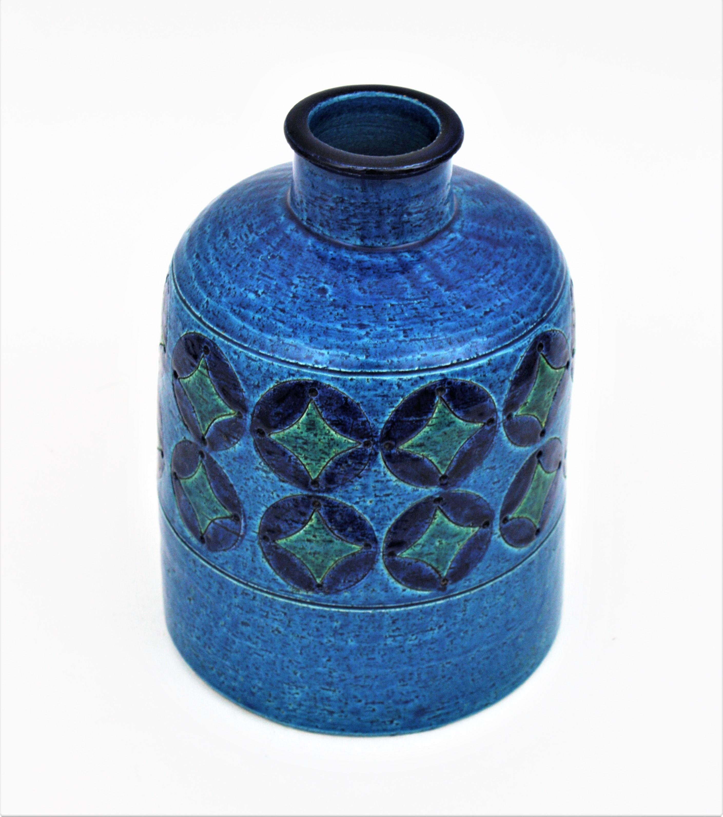 Hand-Painted Bitossi Aldo Londi Blue Ceramic Large Bottle Vase with Circles & Rhombus Pattern For Sale