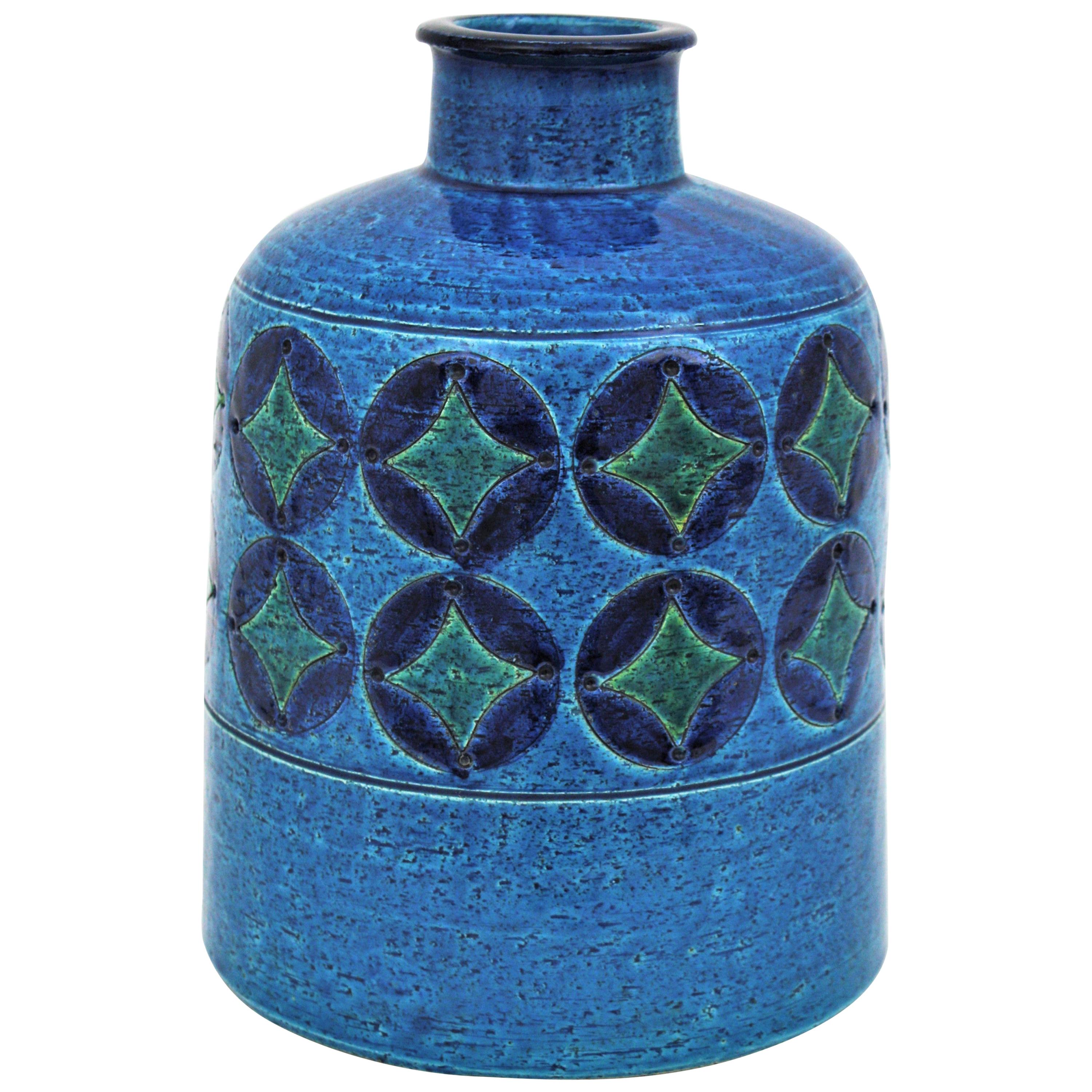 Bitossi Aldo Londi Blue Ceramic Large Bottle Vase with Circles & Rhombus Motif In Excellent Condition For Sale In Barcelona, ES
