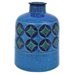 Bitossi Aldo Londi Blue Ceramic Large Bottle Vase with Circles & Rhombus Motif