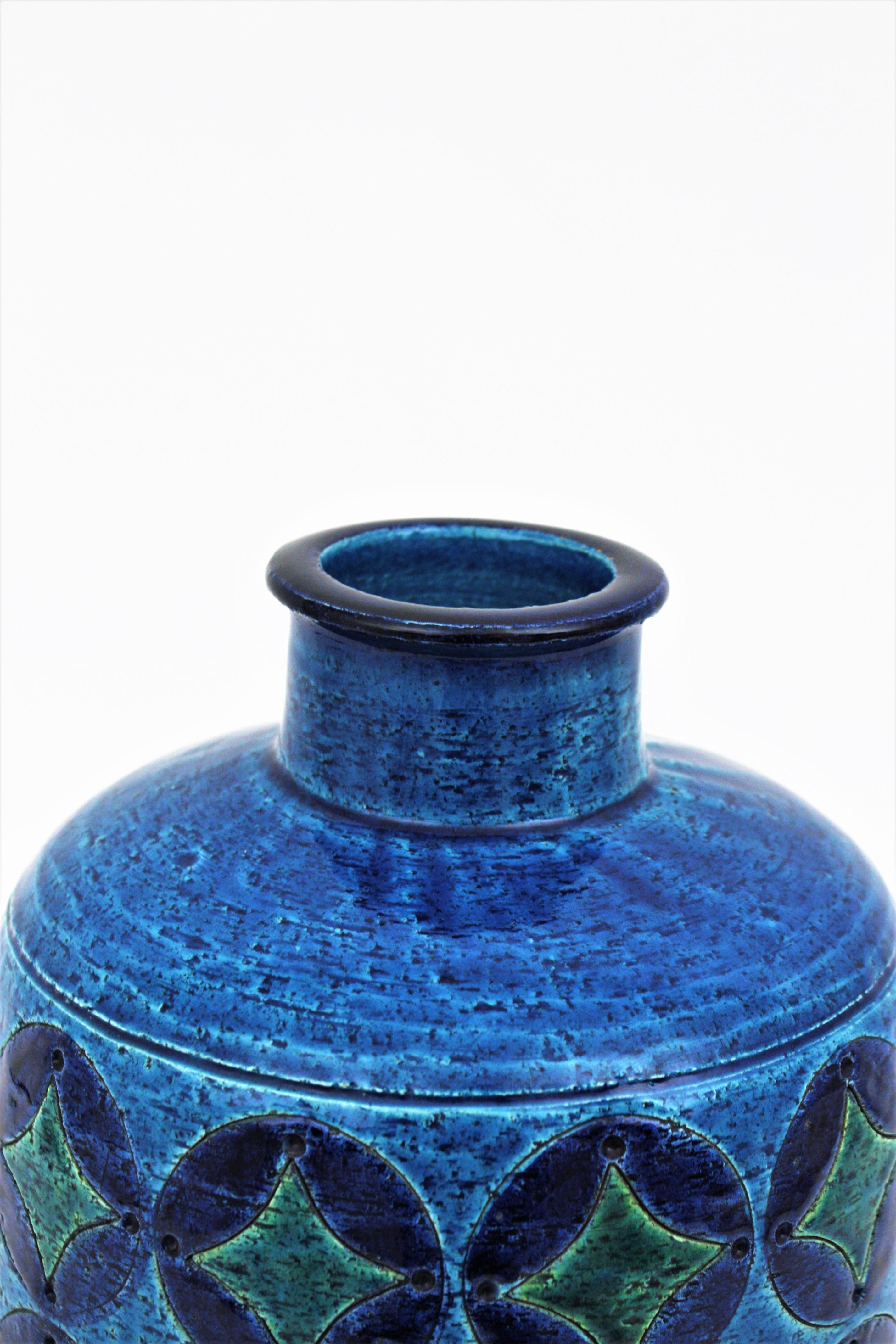 20th Century Bitossi Aldo Londi Blue Ceramic Large Bottle Vase with Circles & Rhombus Motif For Sale