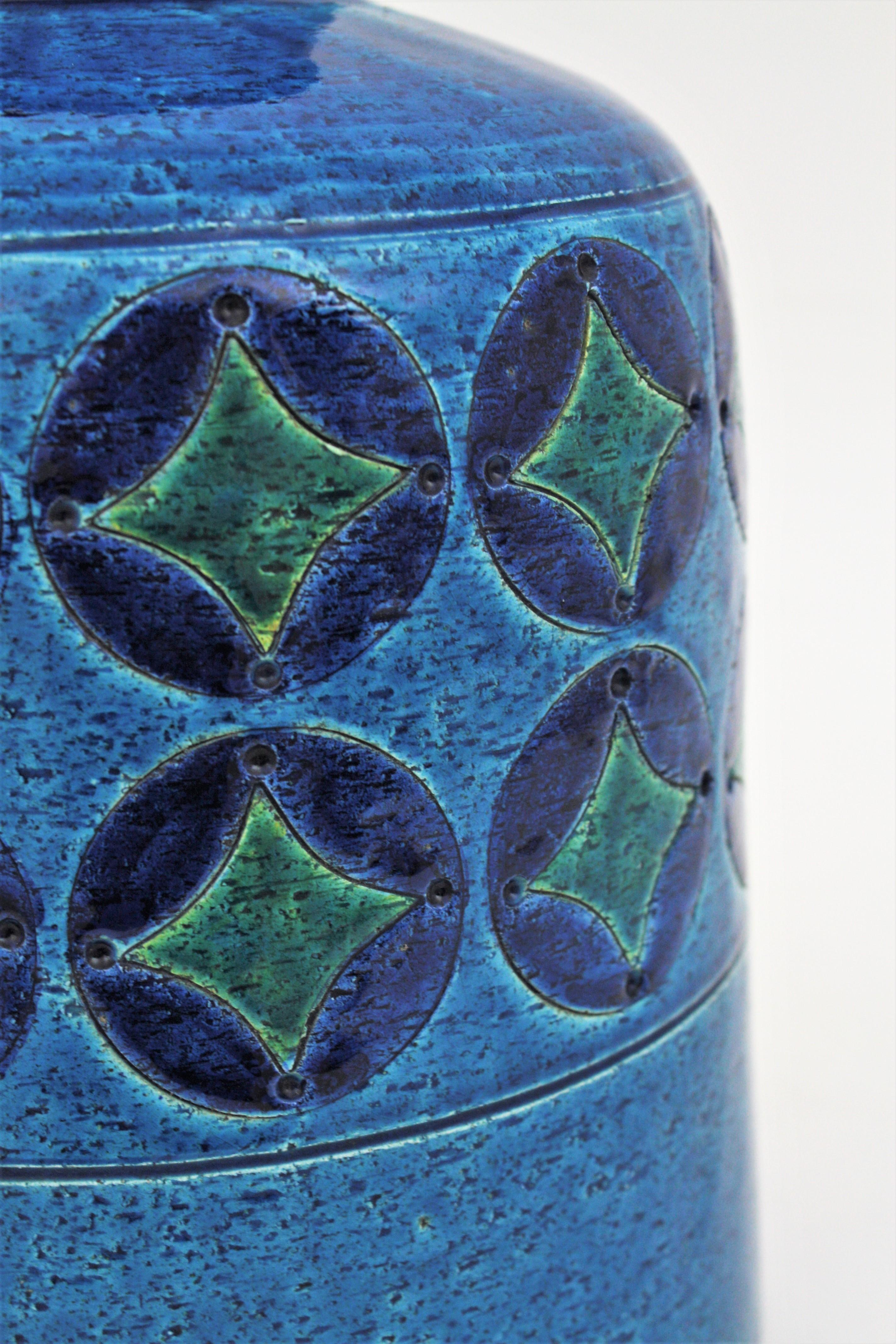 Bitossi Aldo Londi Blue Ceramic Large Bottle Vase with Circles & Rhombus Pattern For Sale 1