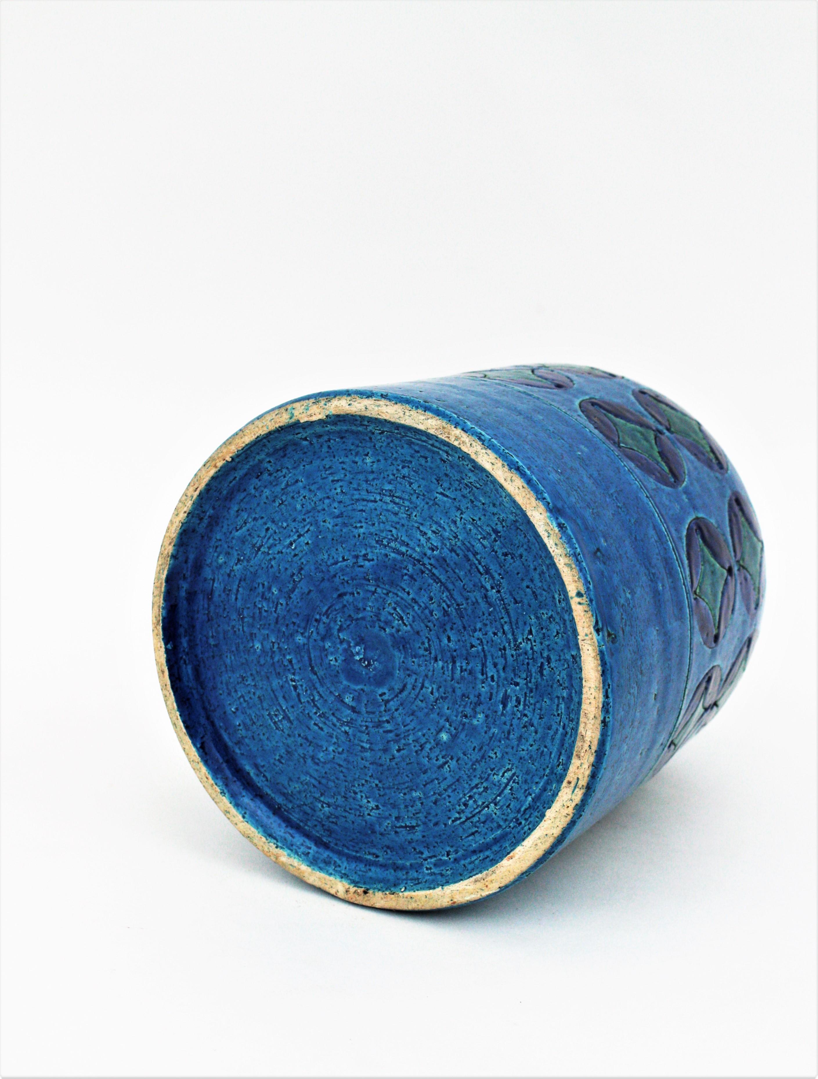 Bitossi Aldo Londi Blue Ceramic Large Bottle Vase with Circles & Rhombus Motif For Sale 2