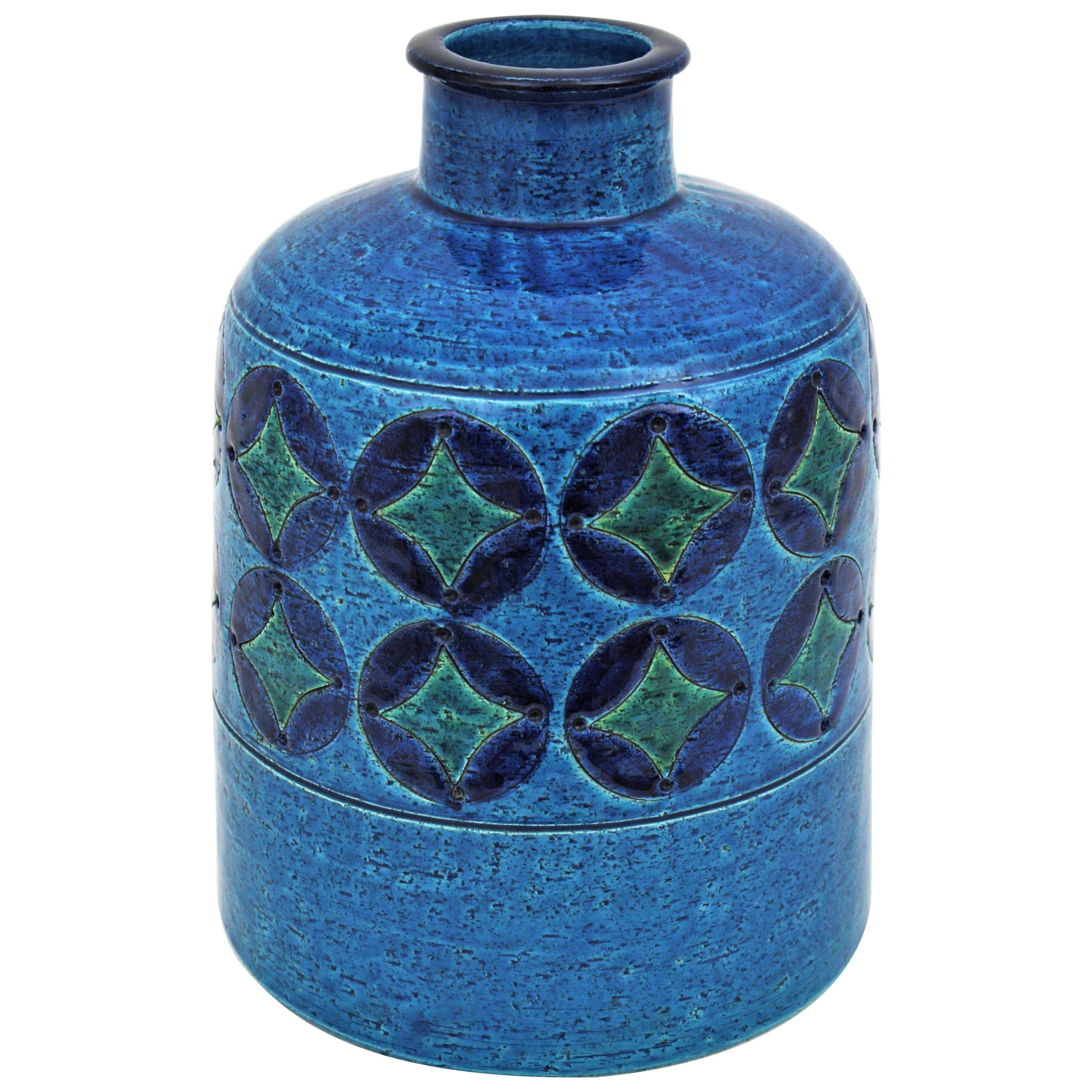 Bitossi Aldo Londi Blue Ceramic Large Bottle Vase with Circles & Rhombus Motif For Sale