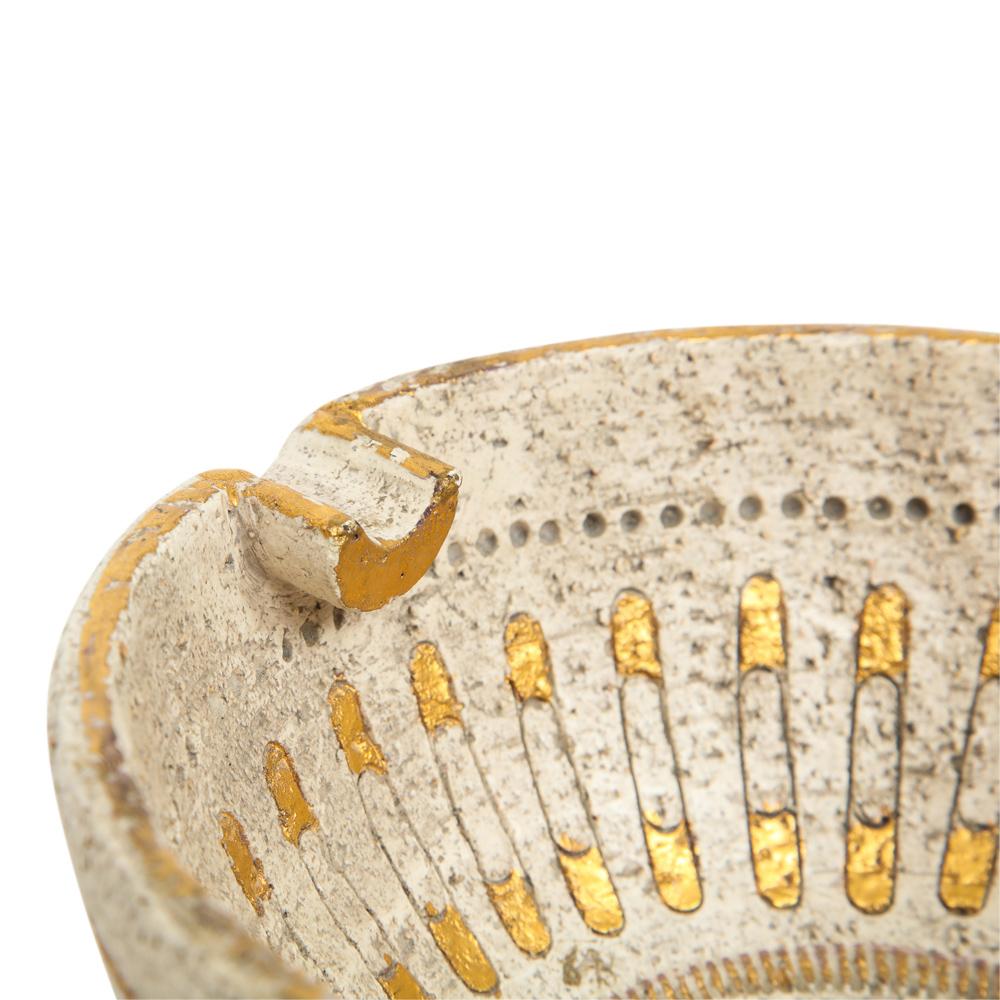 Mid-20th Century Aldo Londi Bitossi Ashtray, Ceramic Safety Pin, Gold and White, Signed 