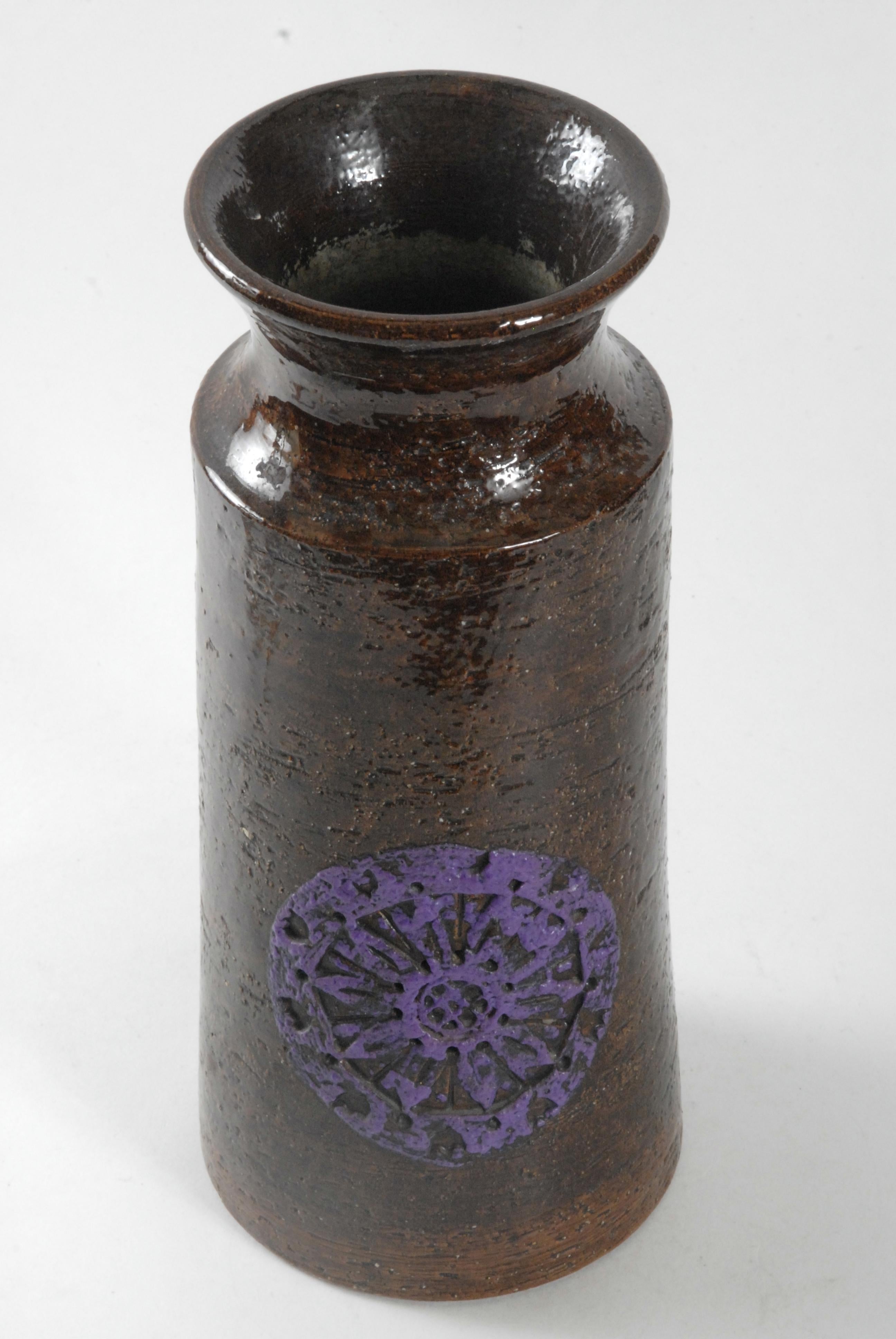 Mid-Century Modern Bitossi Aldo Londi Cylinder Vase Purple Motifs, Italy, circa 1970 For Sale