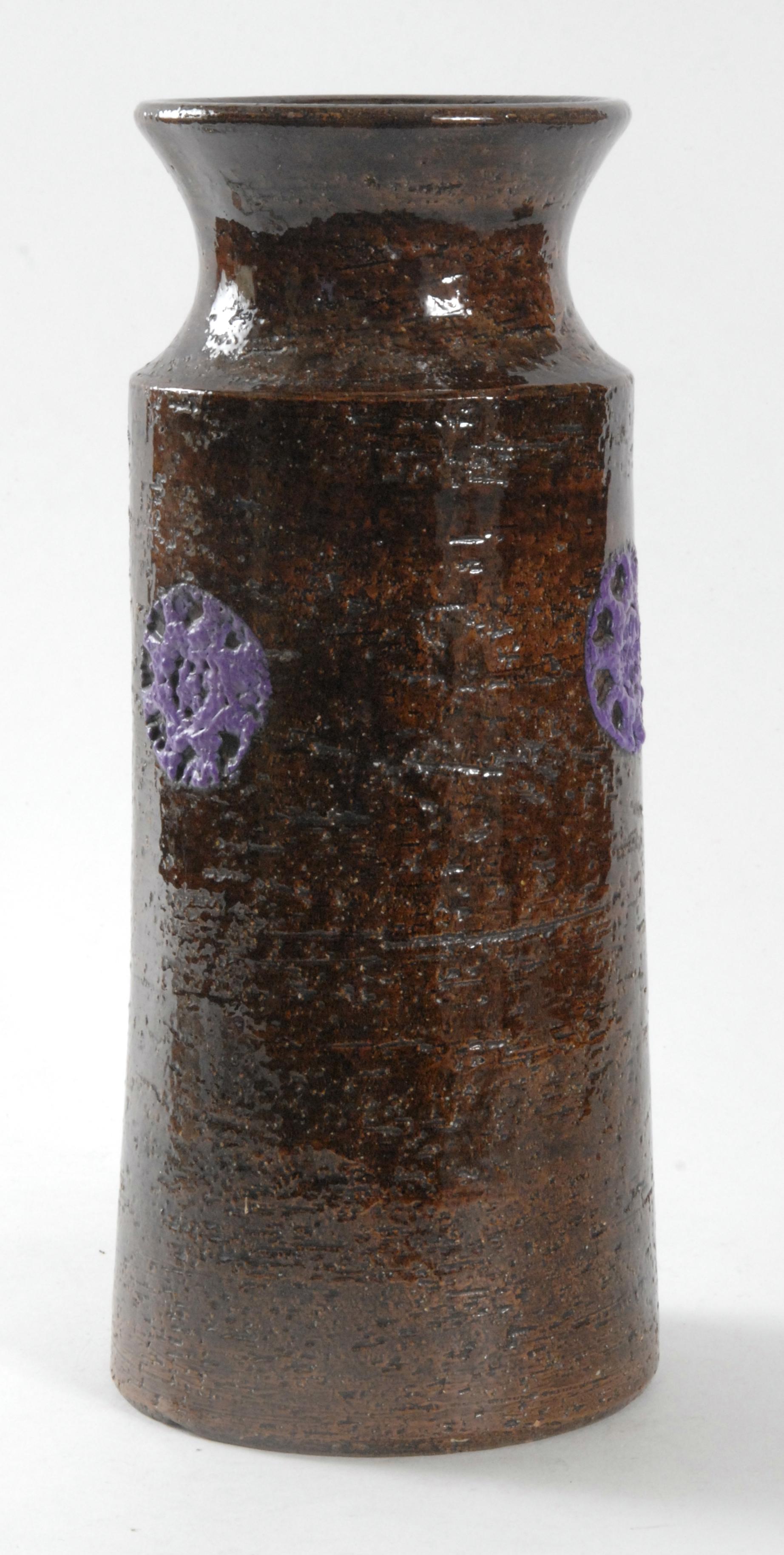 Italian Bitossi Aldo Londi Cylinder Vase Purple Motifs, Italy, circa 1970 For Sale