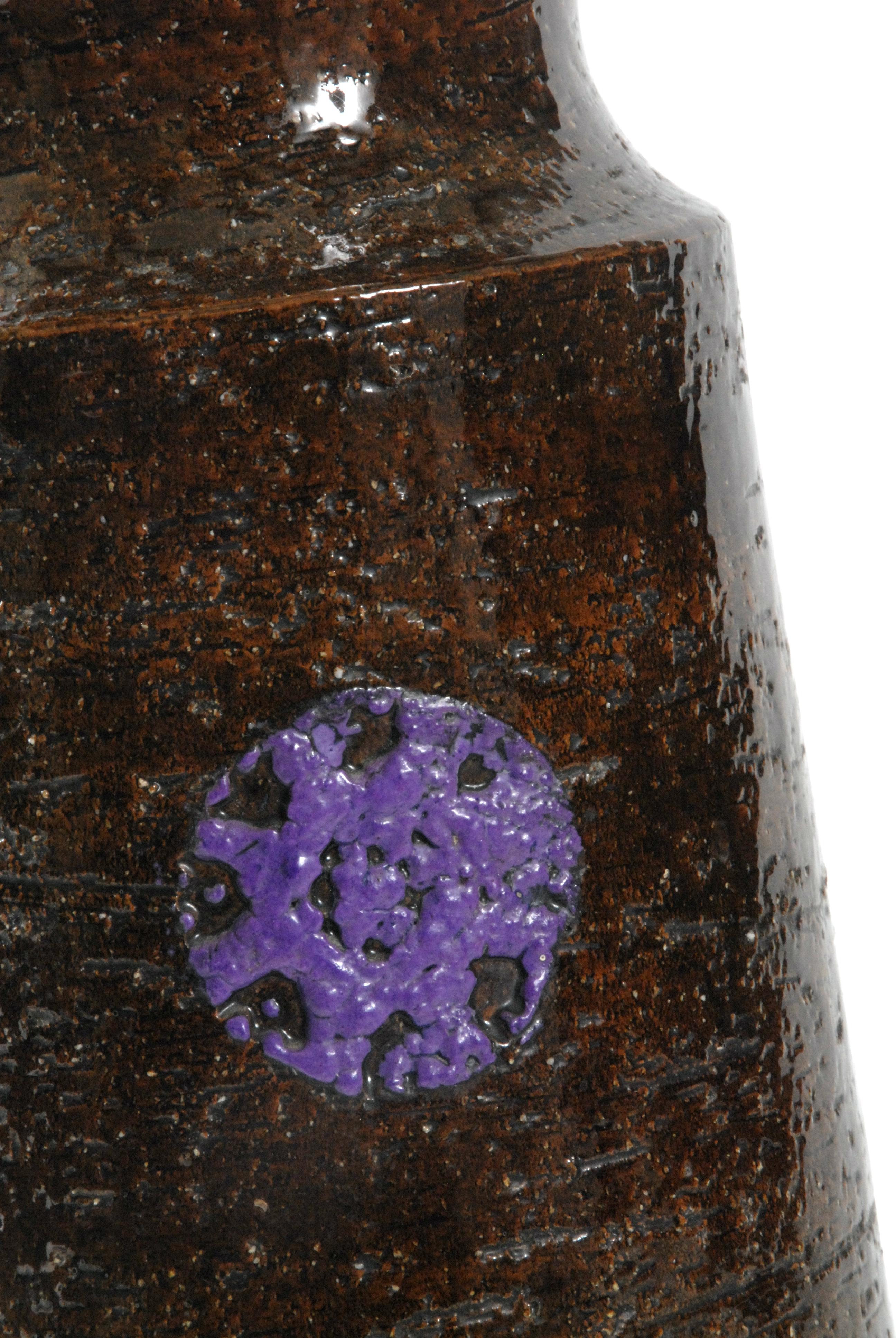 Hand-Crafted Bitossi Aldo Londi Cylinder Vase Purple Motifs, Italy, circa 1970 For Sale