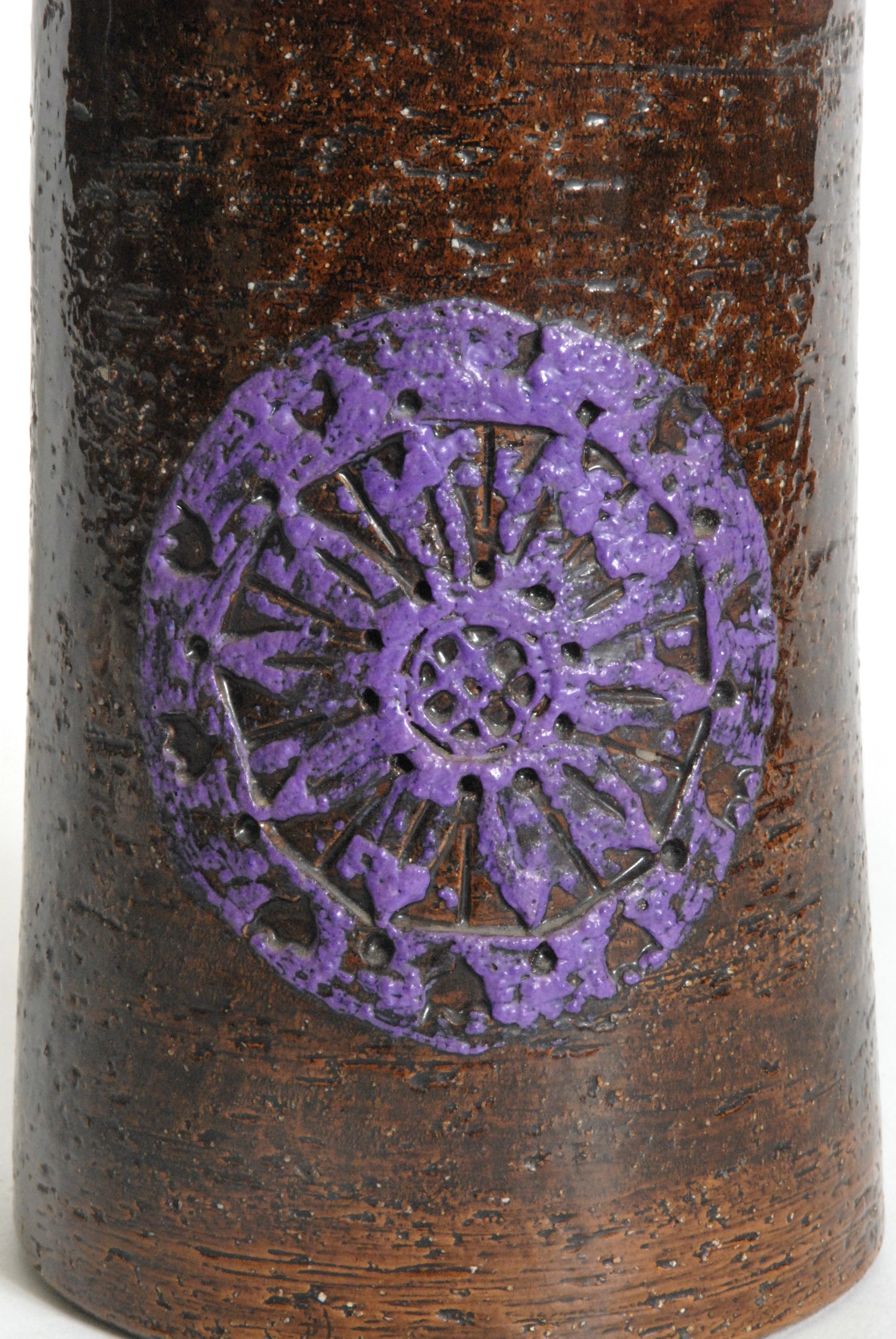 Bitossi Aldo Londi Cylinder Vase Purple Motifs, Italy, circa 1970 In Excellent Condition For Sale In Pymble, NSW