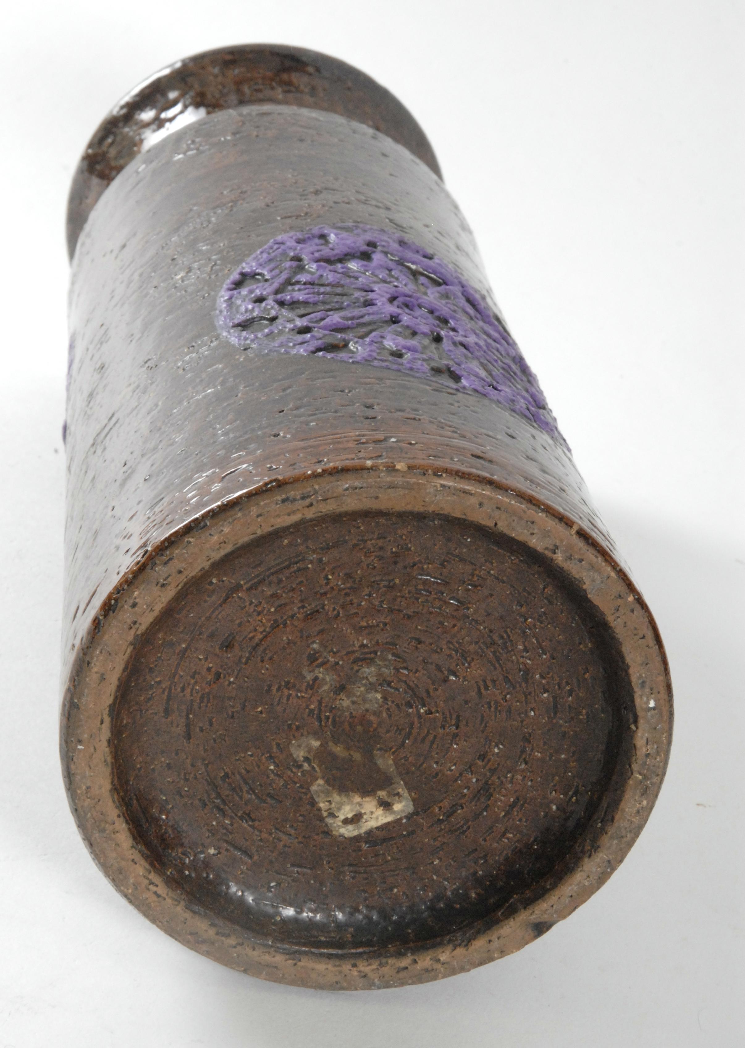 Late 20th Century Bitossi Aldo Londi Cylinder Vase Purple Motifs, Italy, circa 1970 For Sale