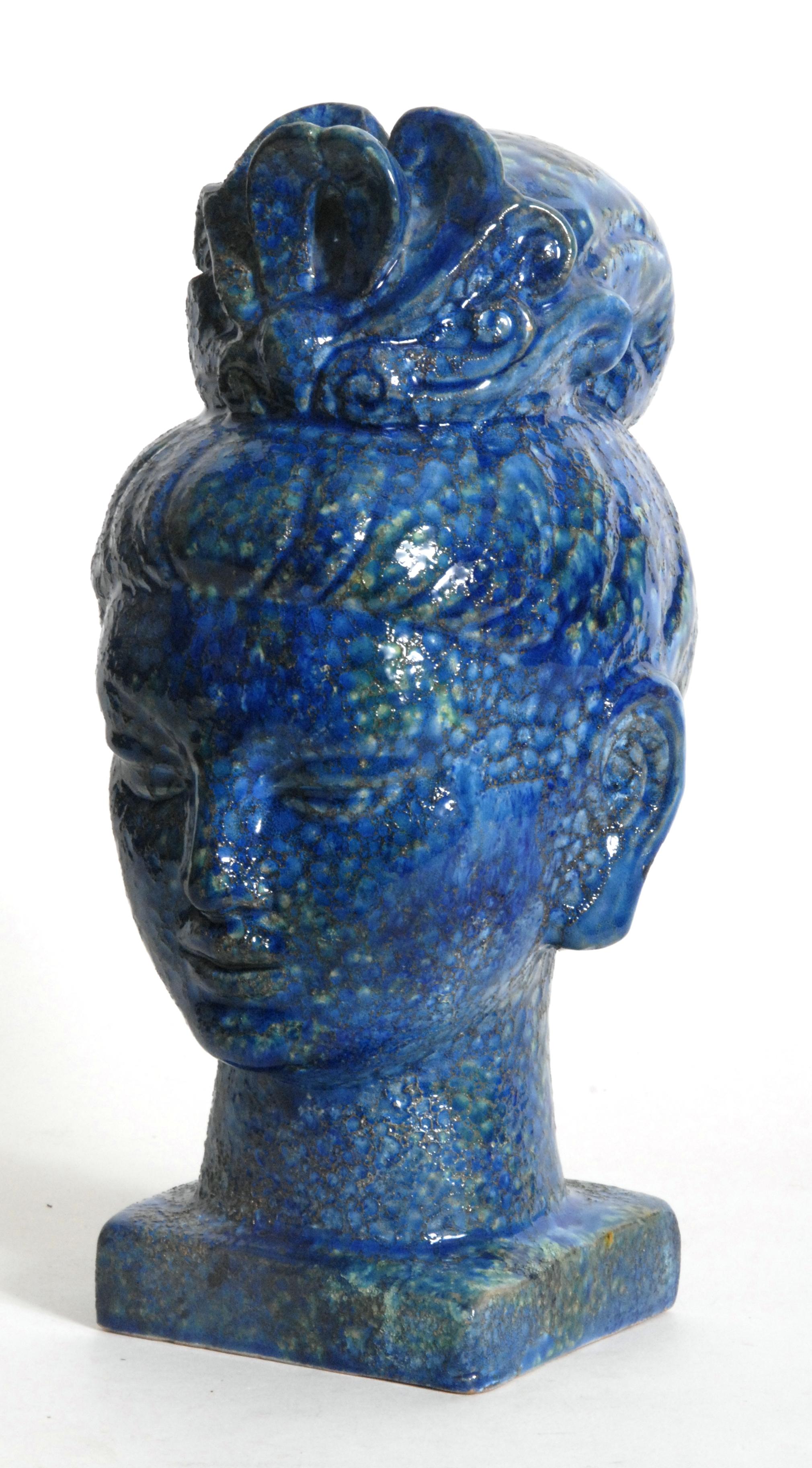Mid-Century Modern Bitossi Aldo Londi Guan Yin Head Italy 1965 Blue Glaze