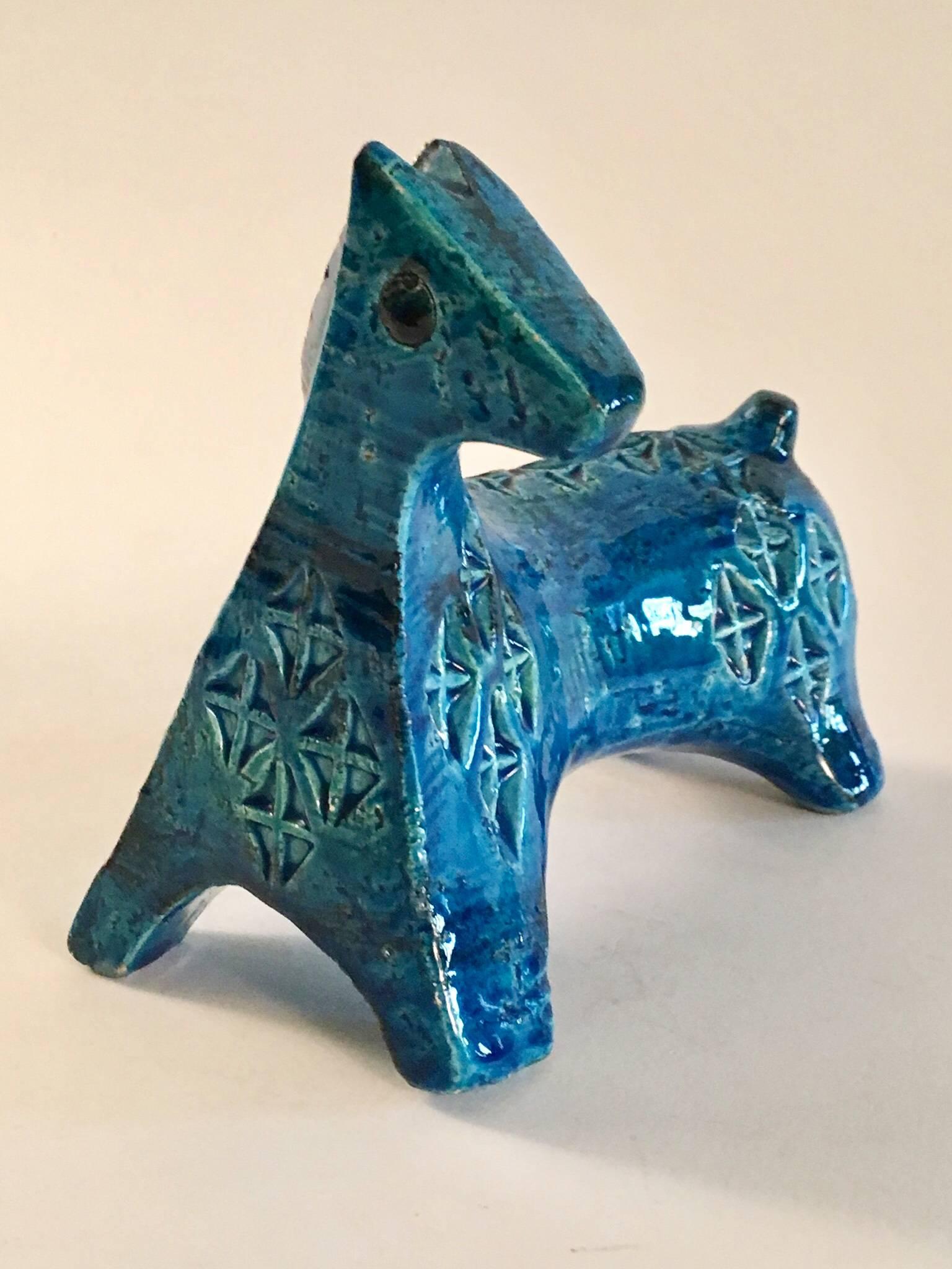 Aldo Londi for Bitossi stylised small horse in 'Rimini Blu' pattern and glaze. A fine example with lovely graduated colors.
