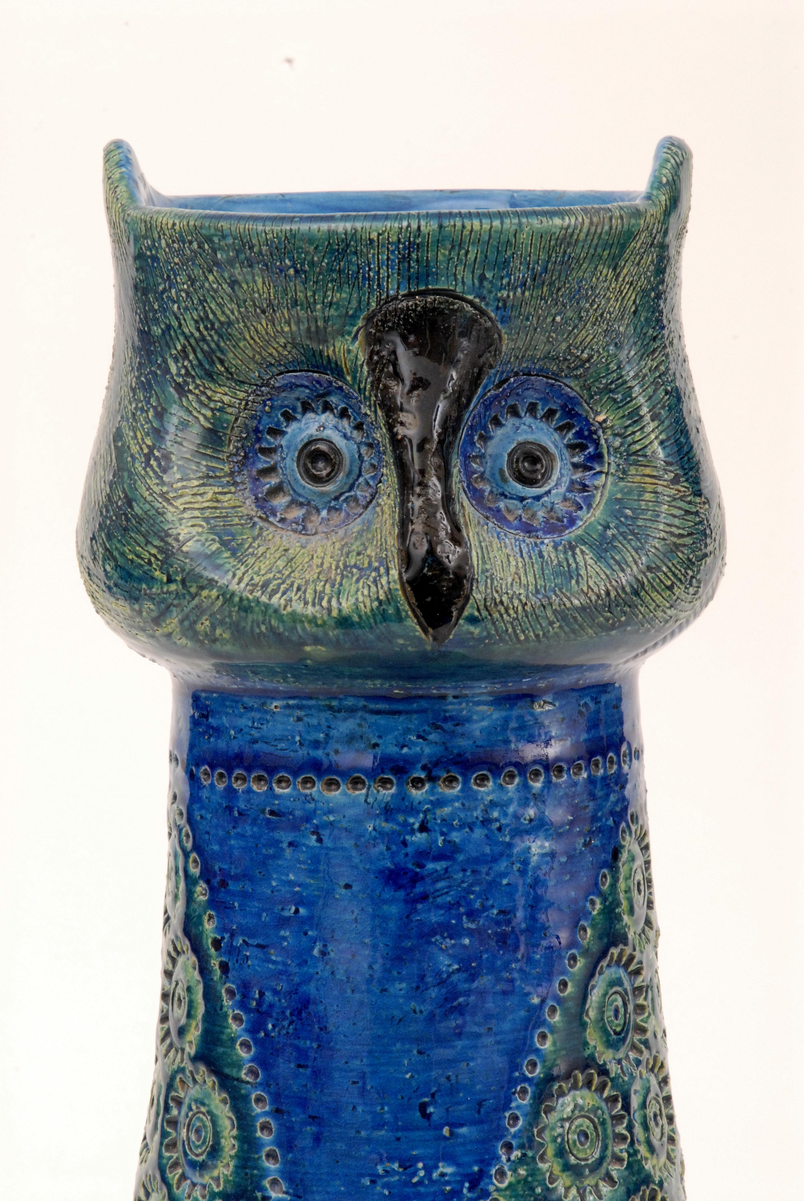 A large Aldo Londi designed Owl ['Gufo'] slip-cast vase, designed in 1963 with mottled glazes, impressed star motifs and dots and scraffito lines. The base with a Rosenthal-Netter paper label and impressed stamp 'Made in Italy' and black under glaze