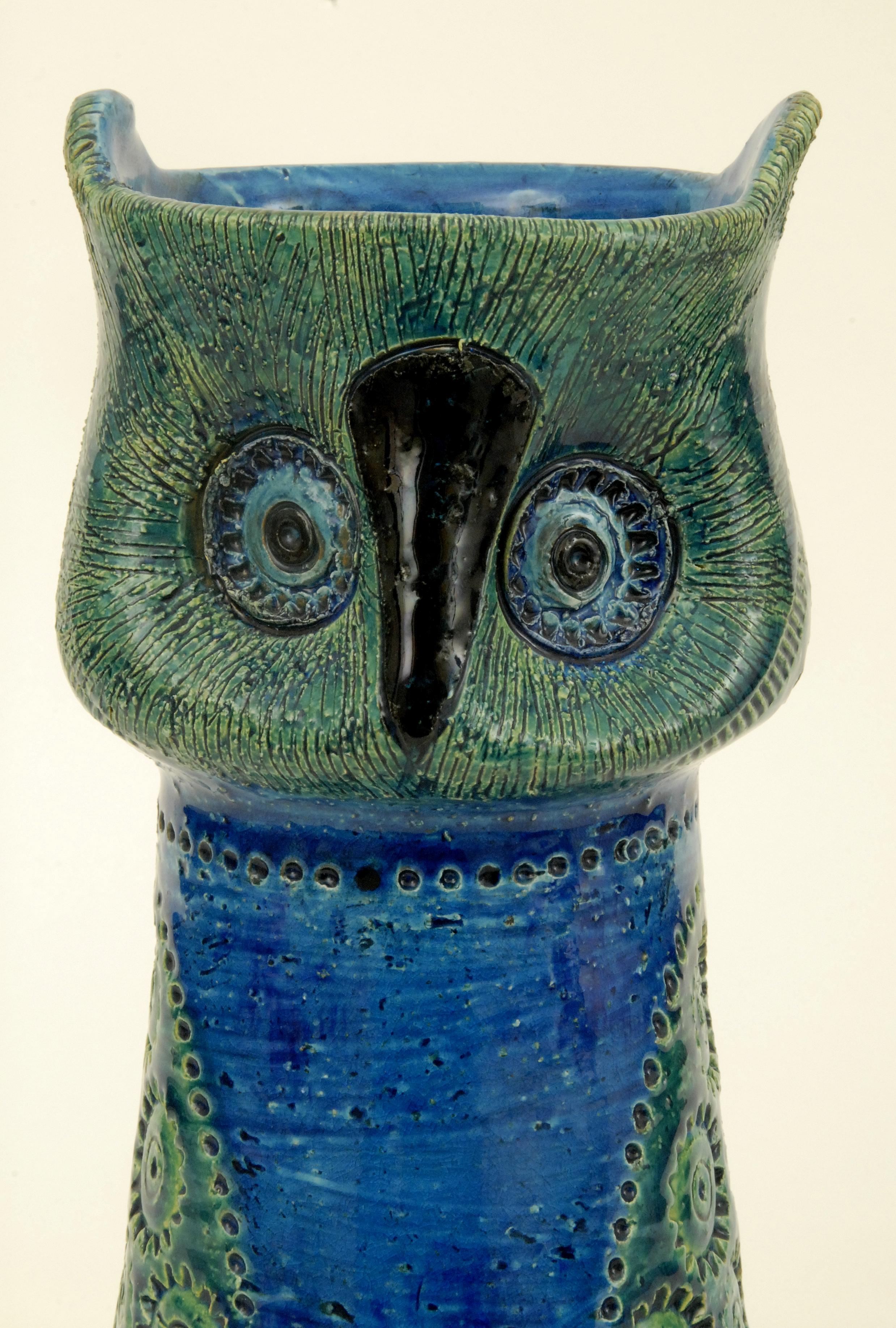 A large Aldo Londi designed owl ['Gufo'] slip-cast vase, designed in 1963 with mottled glazes, impressed star motifs and dots and scraffito lines. The base with a Rosenthal-Netter paper label and impressed stamp 'Made in Italy' and black under glaze