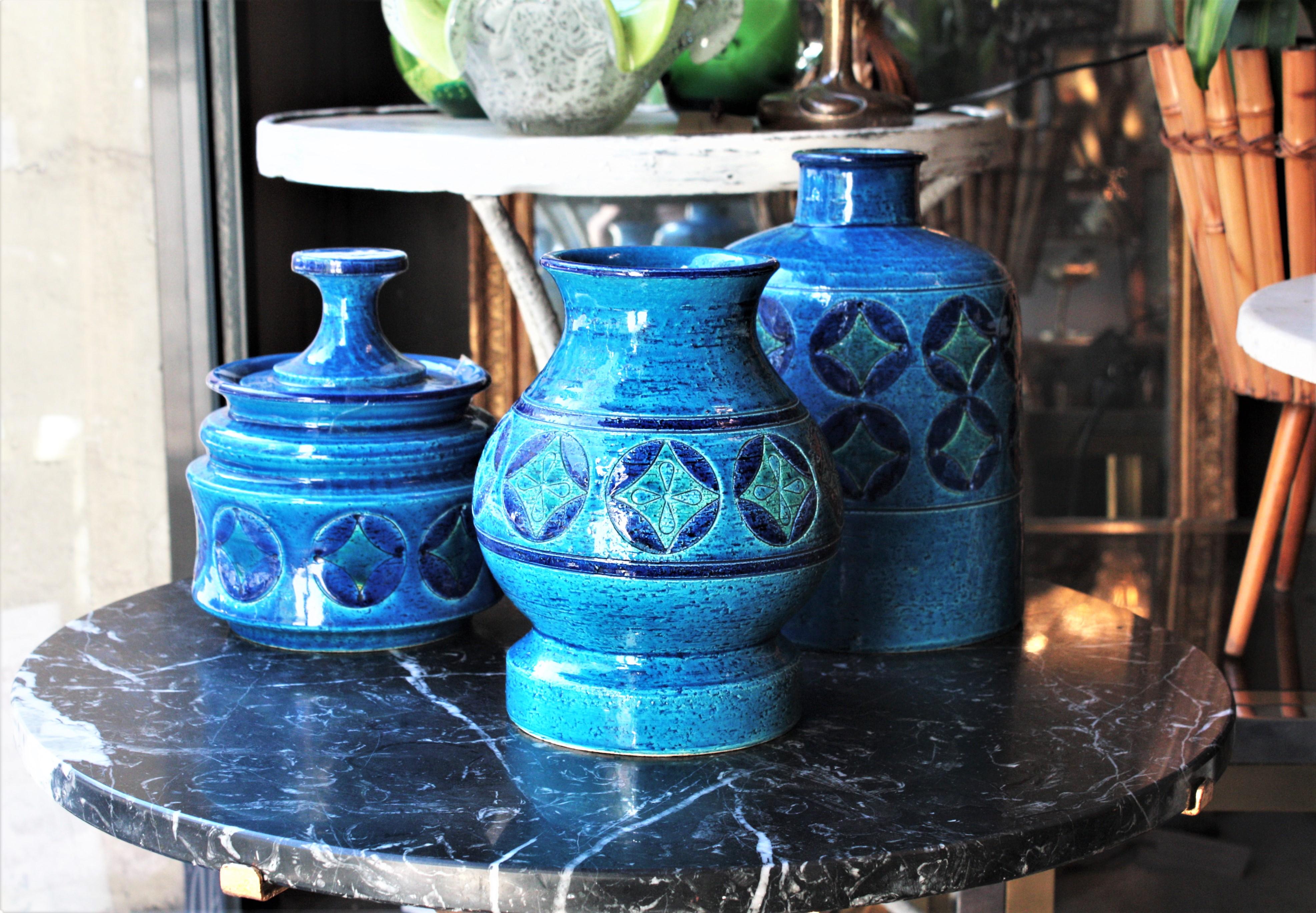 Hand-Painted Bitossi Aldo Londi Rimini Blu Ceramic Vase, Italy, 1960s For Sale