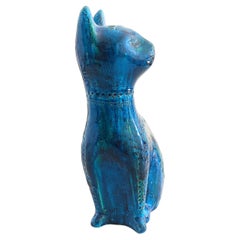 Bitossi Aldo Londi Large Ceramic Cat Sculpture, Rimini Blu Glaze, Italy, 1960s