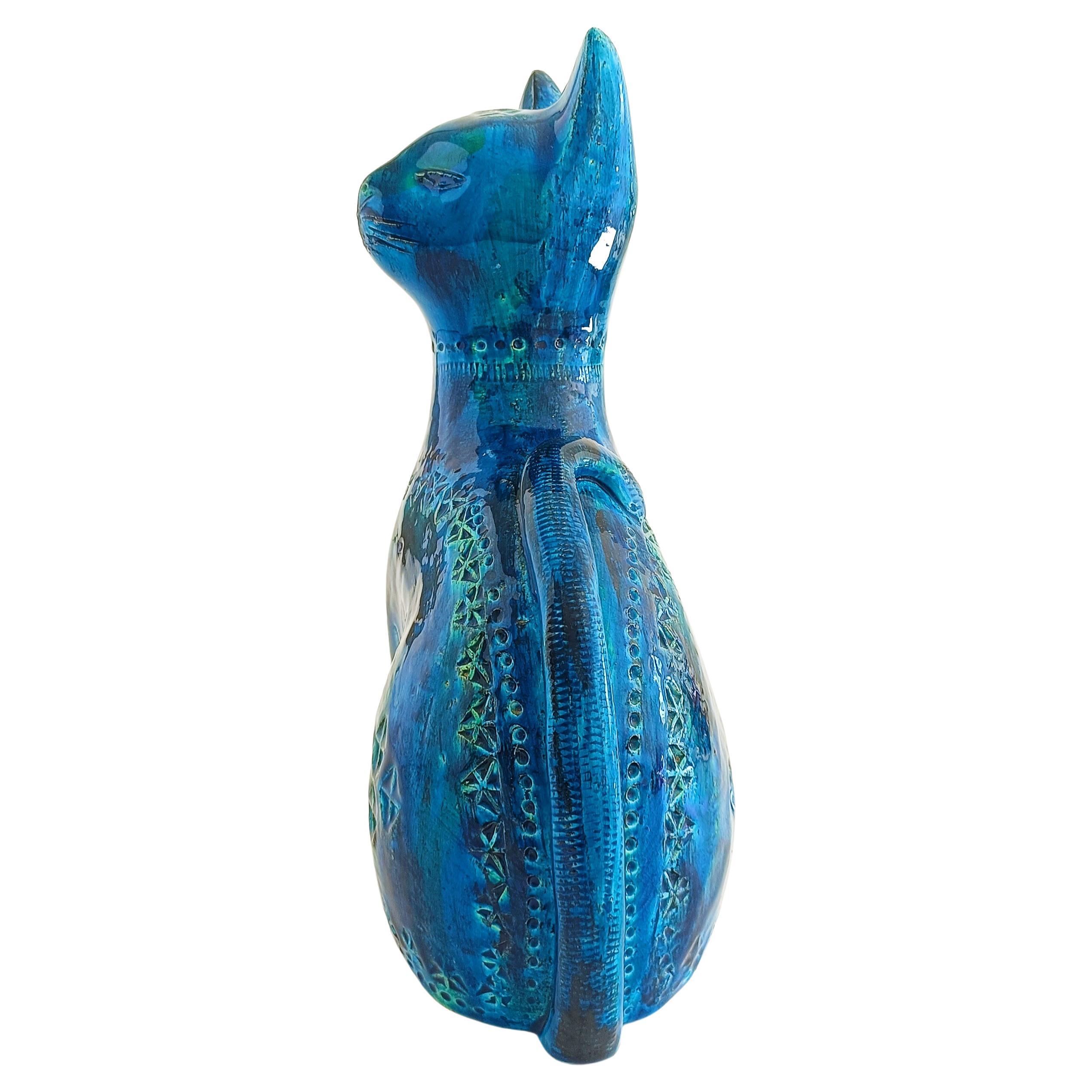 Mid-Century Modern Bitossi Aldo Londi Rimini Blu Mid Century Large Ceramic Cat Sculpture 1960s For Sale