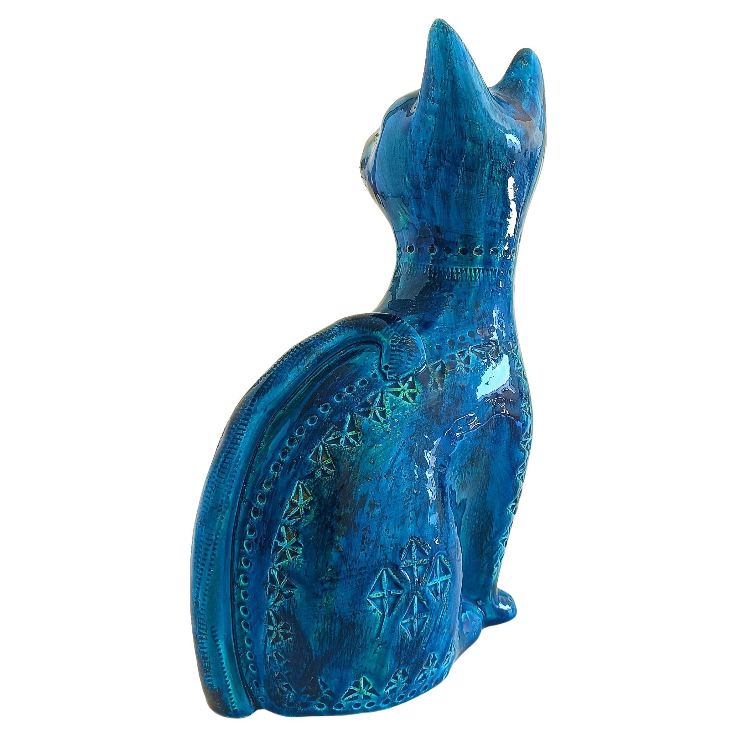 Italian Bitossi Aldo Londi Rimini Blu Mid Century Large Ceramic Cat Sculpture 1960s For Sale