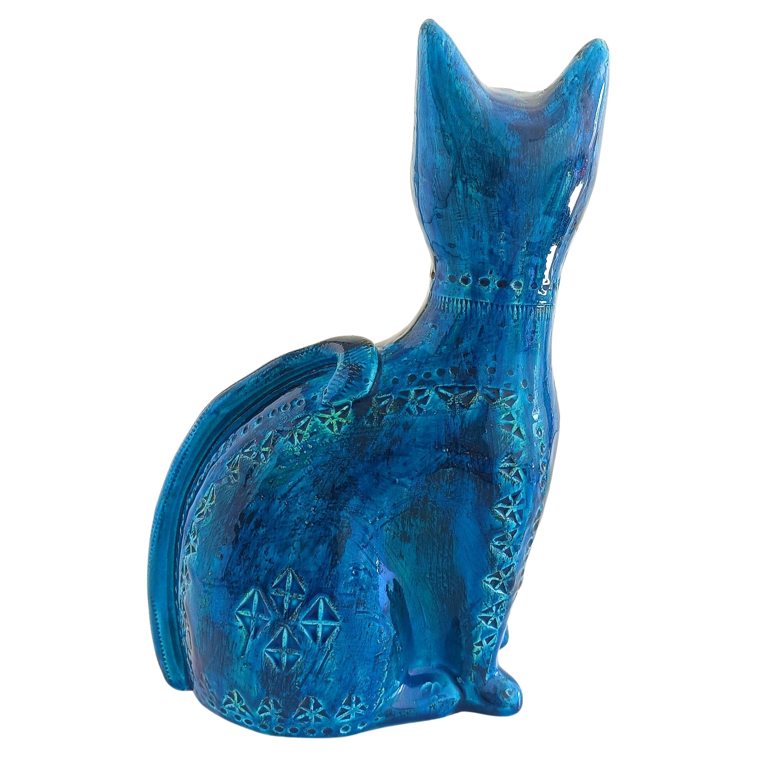 Glazed Bitossi Aldo Londi Rimini Blu Mid Century Large Ceramic Cat Sculpture 1960s For Sale