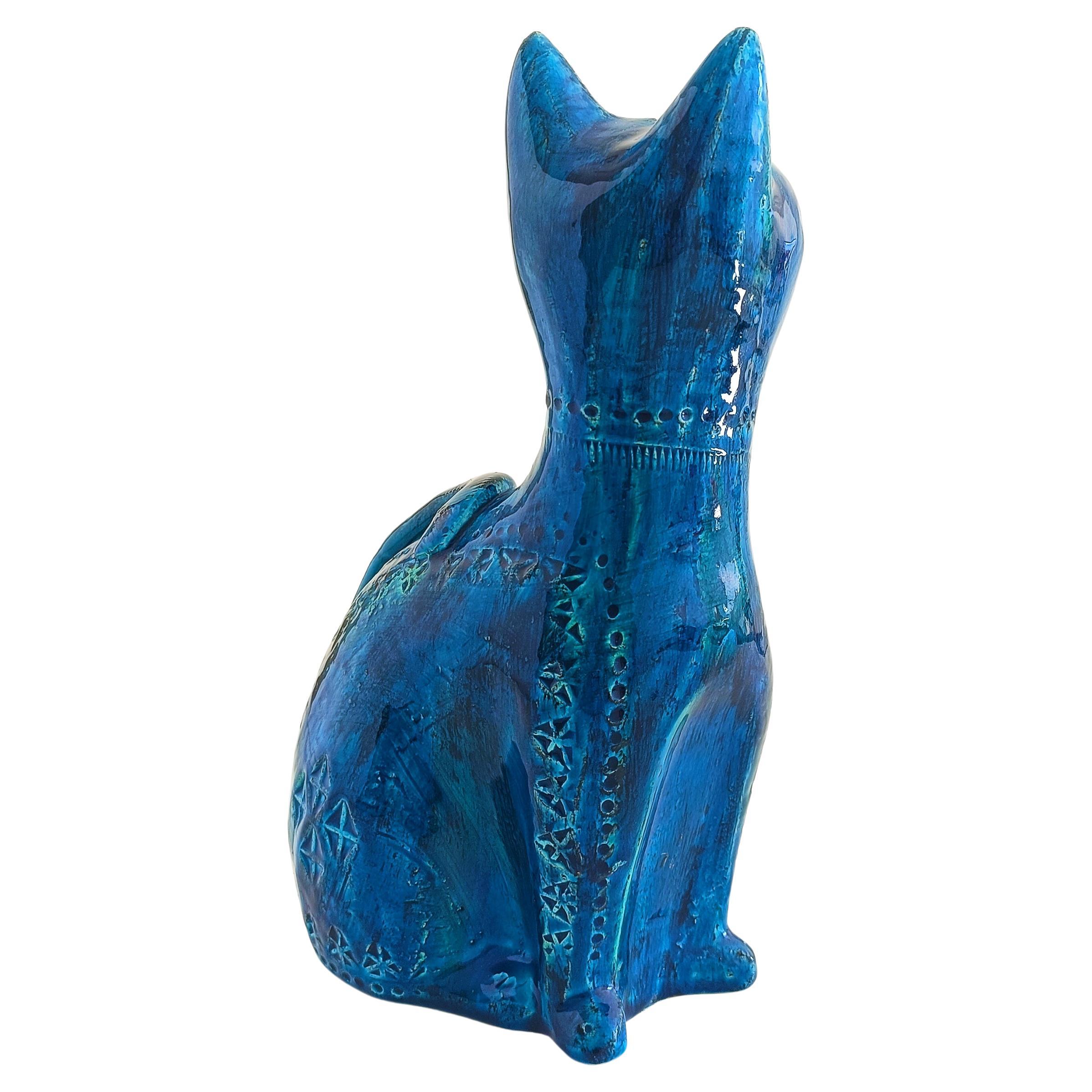 Bitossi Aldo Londi Rimini Blu Mid Century Large Ceramic Cat Sculpture 1960s In Excellent Condition For Sale In Valencia, VC