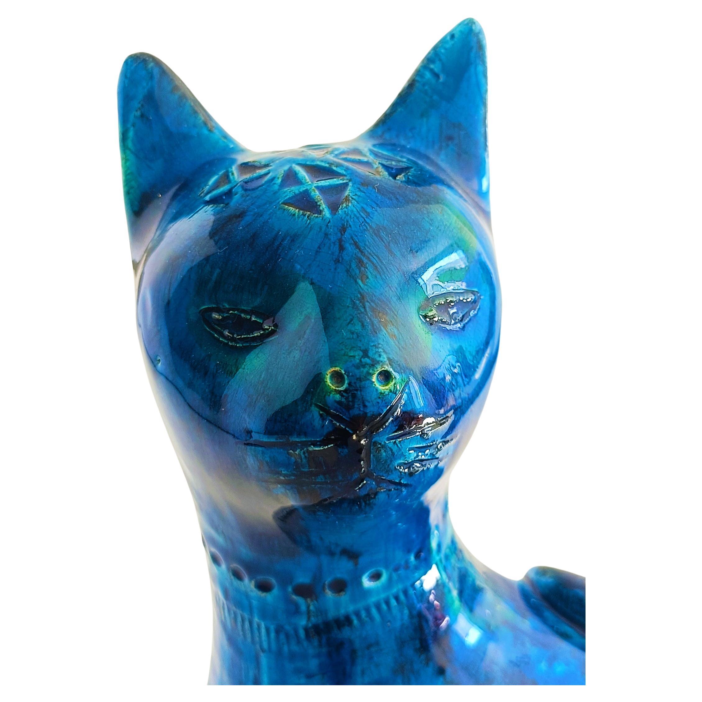 Mid-20th Century Bitossi Aldo Londi Rimini Blu Mid Century Large Ceramic Cat Sculpture 1960s For Sale