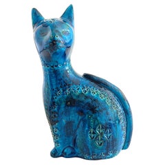 Scultura di gatto in ceramica di grandi dimensioni 1960s di Bitossi Aldo Londi Rimini Blu Mid Century