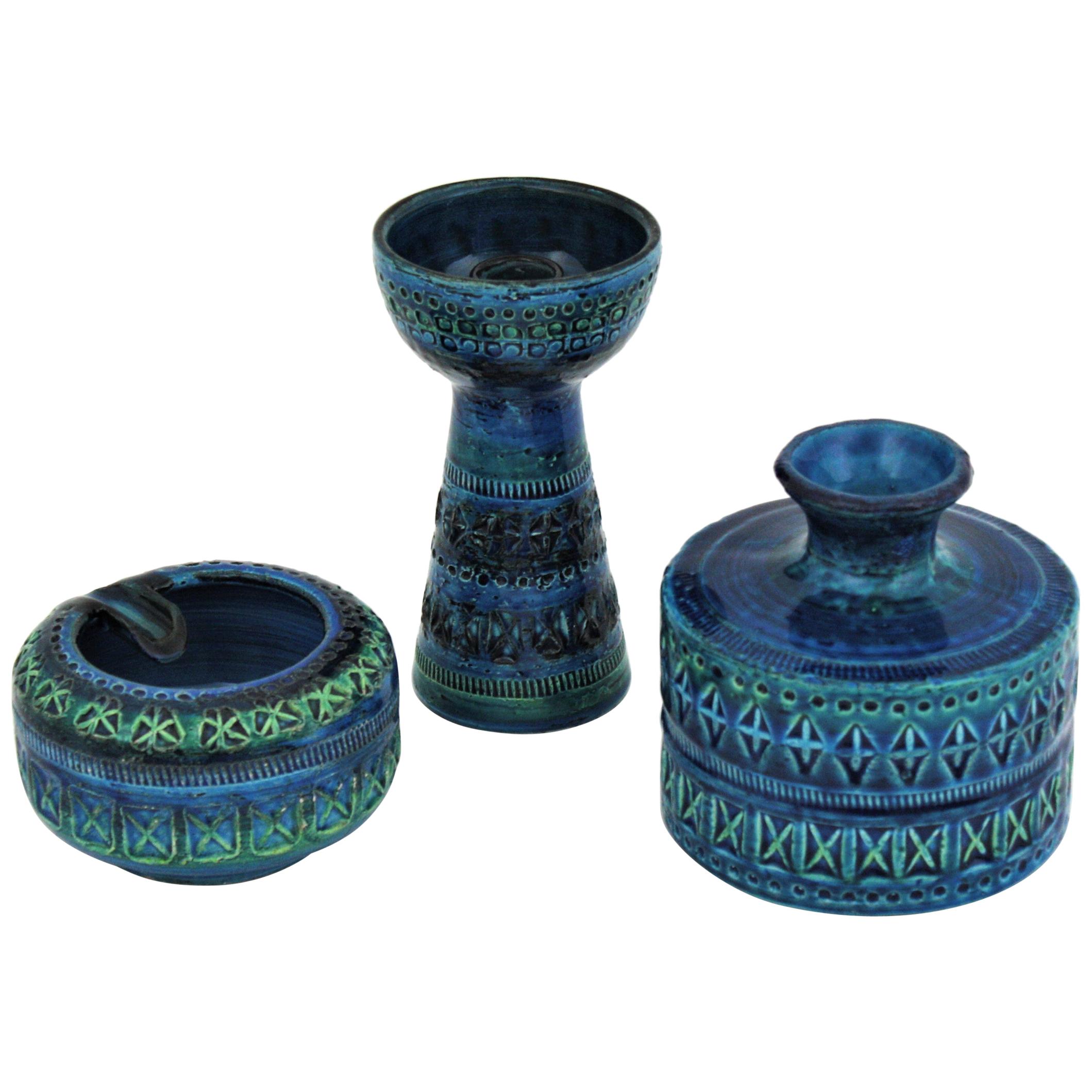 Bitossi Aldo Londi Rimini Blue Ceramic Set of Vase, Ashtray and Candleholder