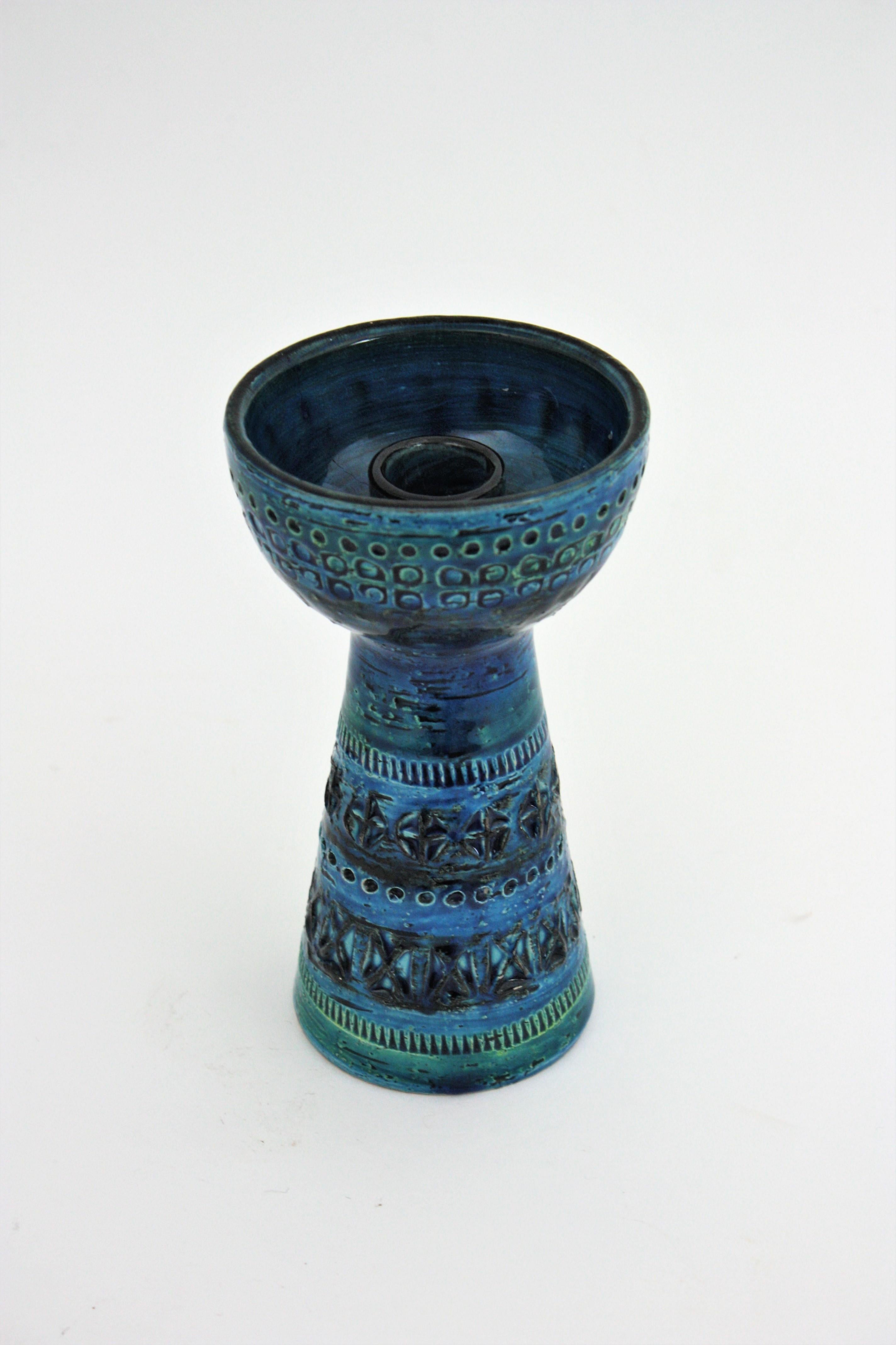 Pottery Bitossi Aldo Londi Rimini Blue Ceramic Set of Vase, Ashtray and Candleholder For Sale