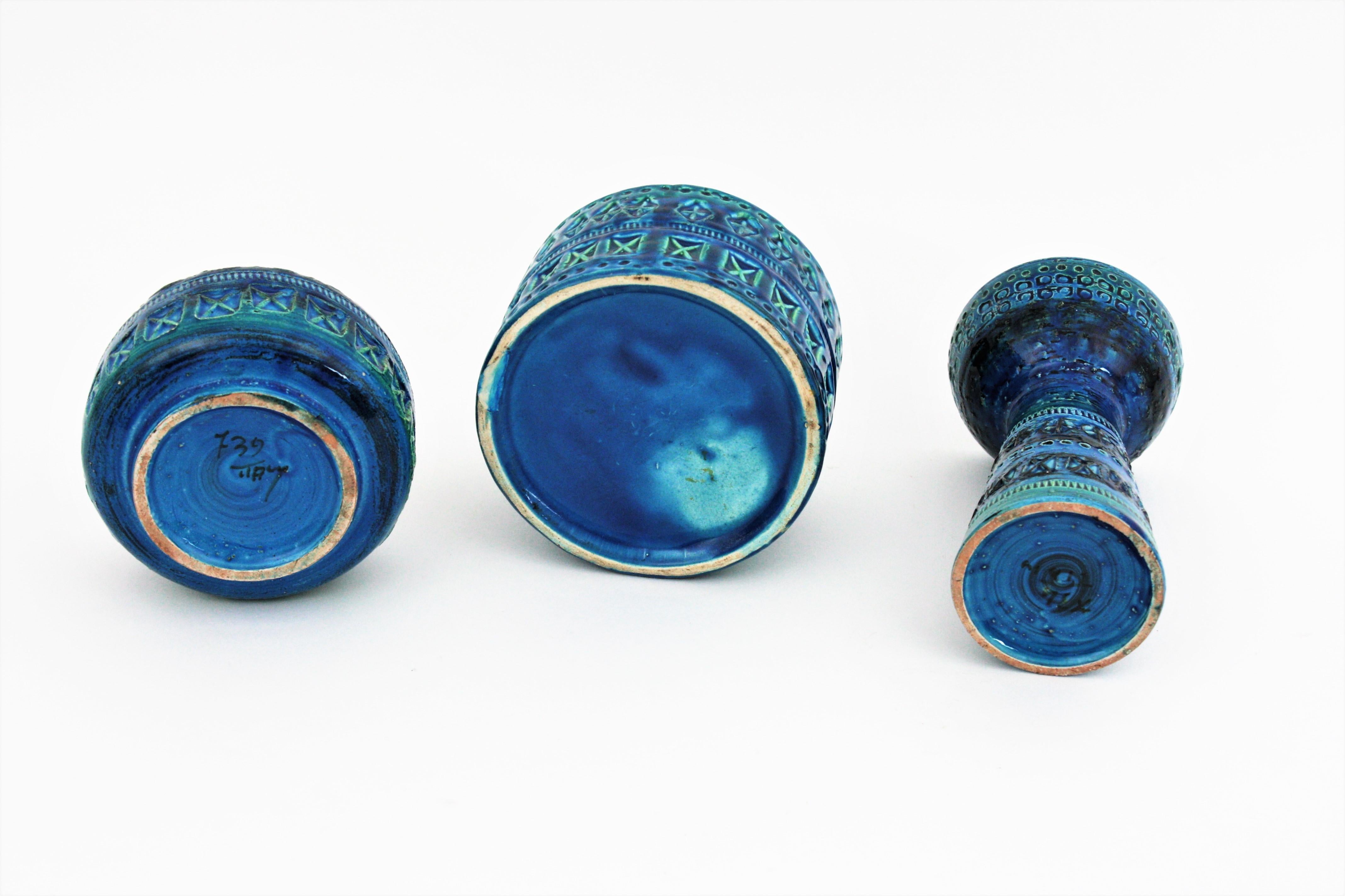 Ensemble de vase, cendrier et bougeoir en céramique bleue Bitossi Aldo Londi pour Rimini en vente 5