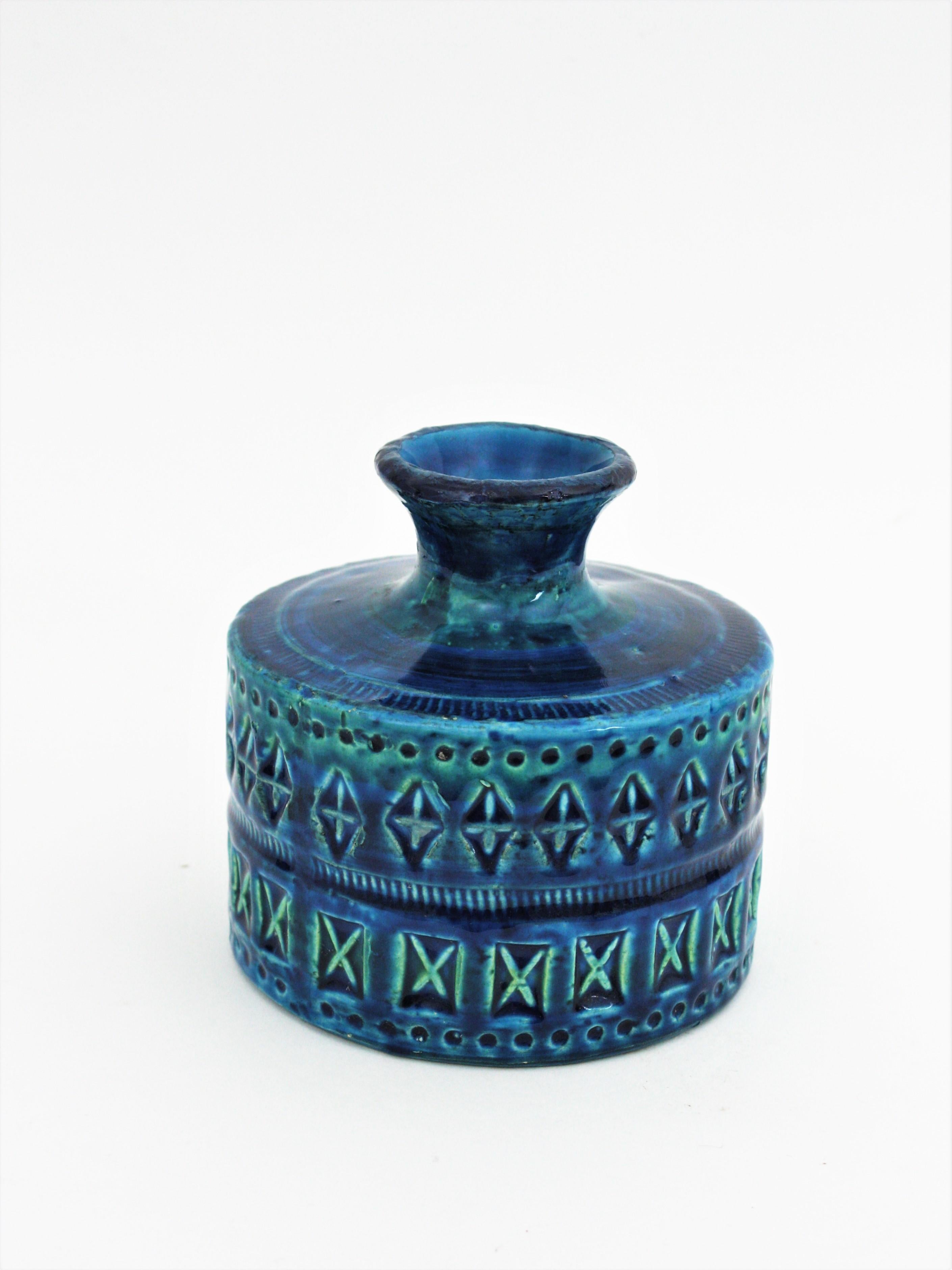Glazed Bitossi Aldo Londi Rimini Blue Ceramic Set of Vase, Ashtray and Candleholder For Sale