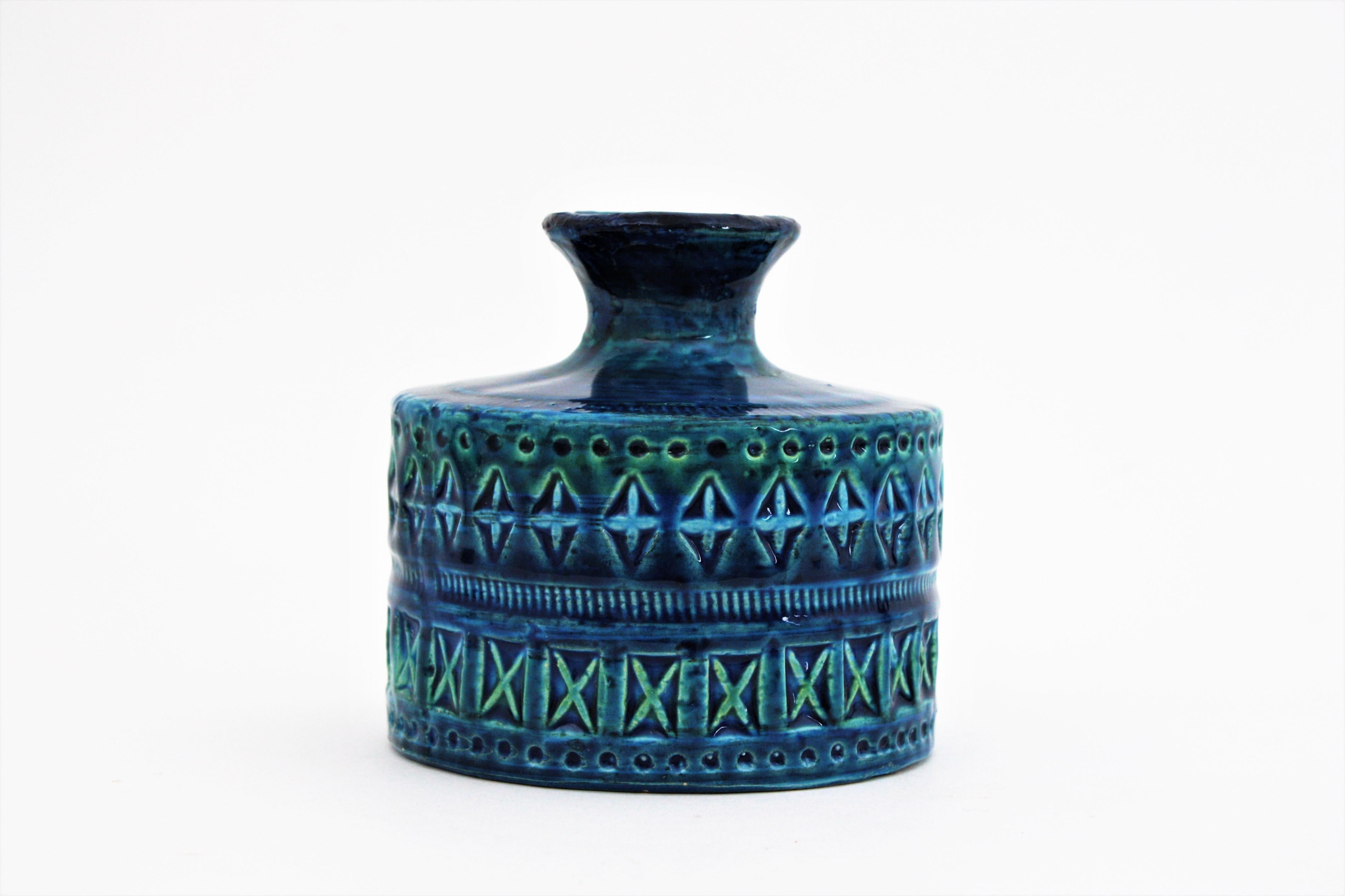 Bitossi Aldo Londi Rimini Blue Ceramic Set of Vase, Ashtray and Candleholder In Good Condition For Sale In Barcelona, ES