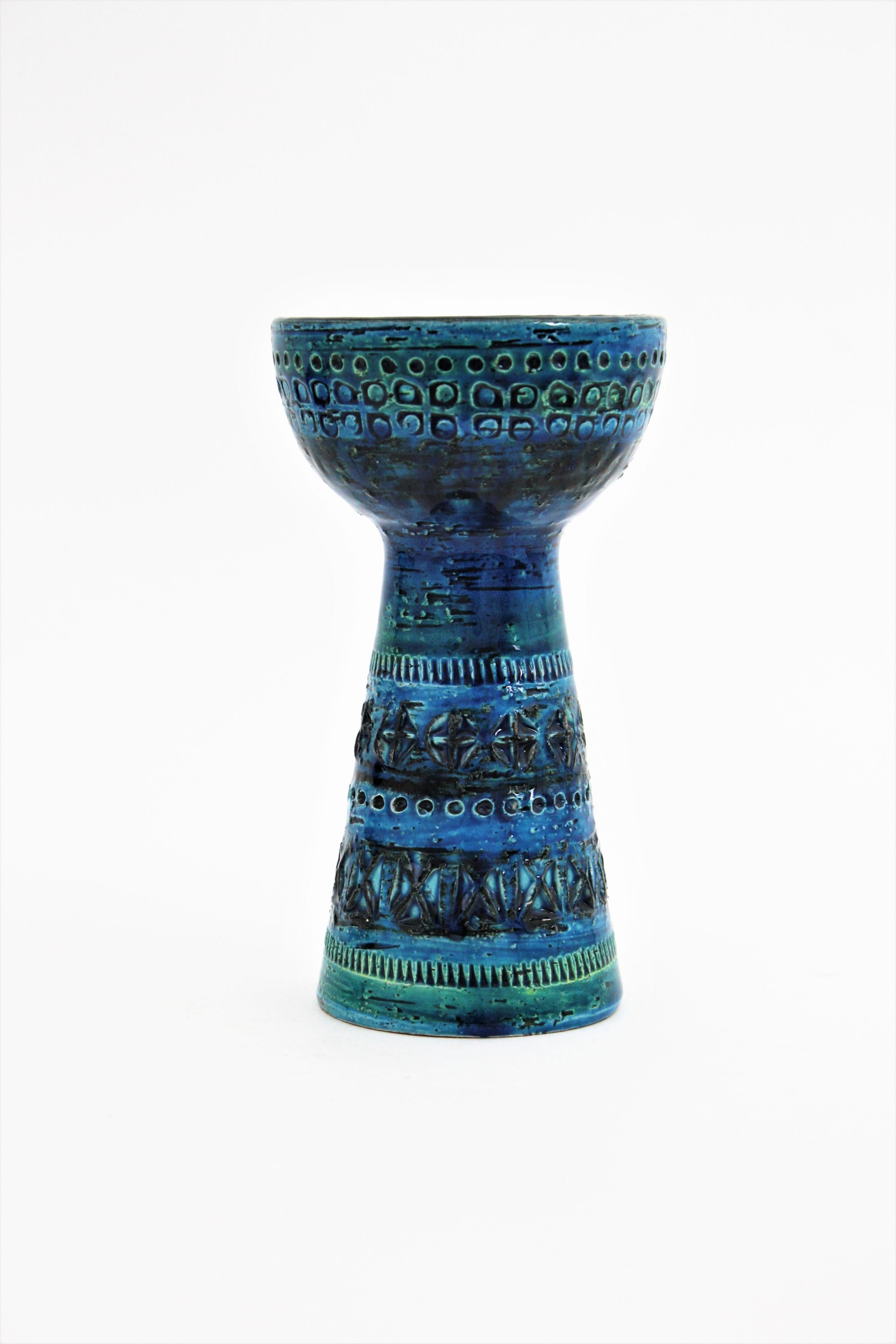 20th Century Bitossi Aldo Londi Rimini Blue Ceramic Set of Vase, Ashtray and Candleholder For Sale