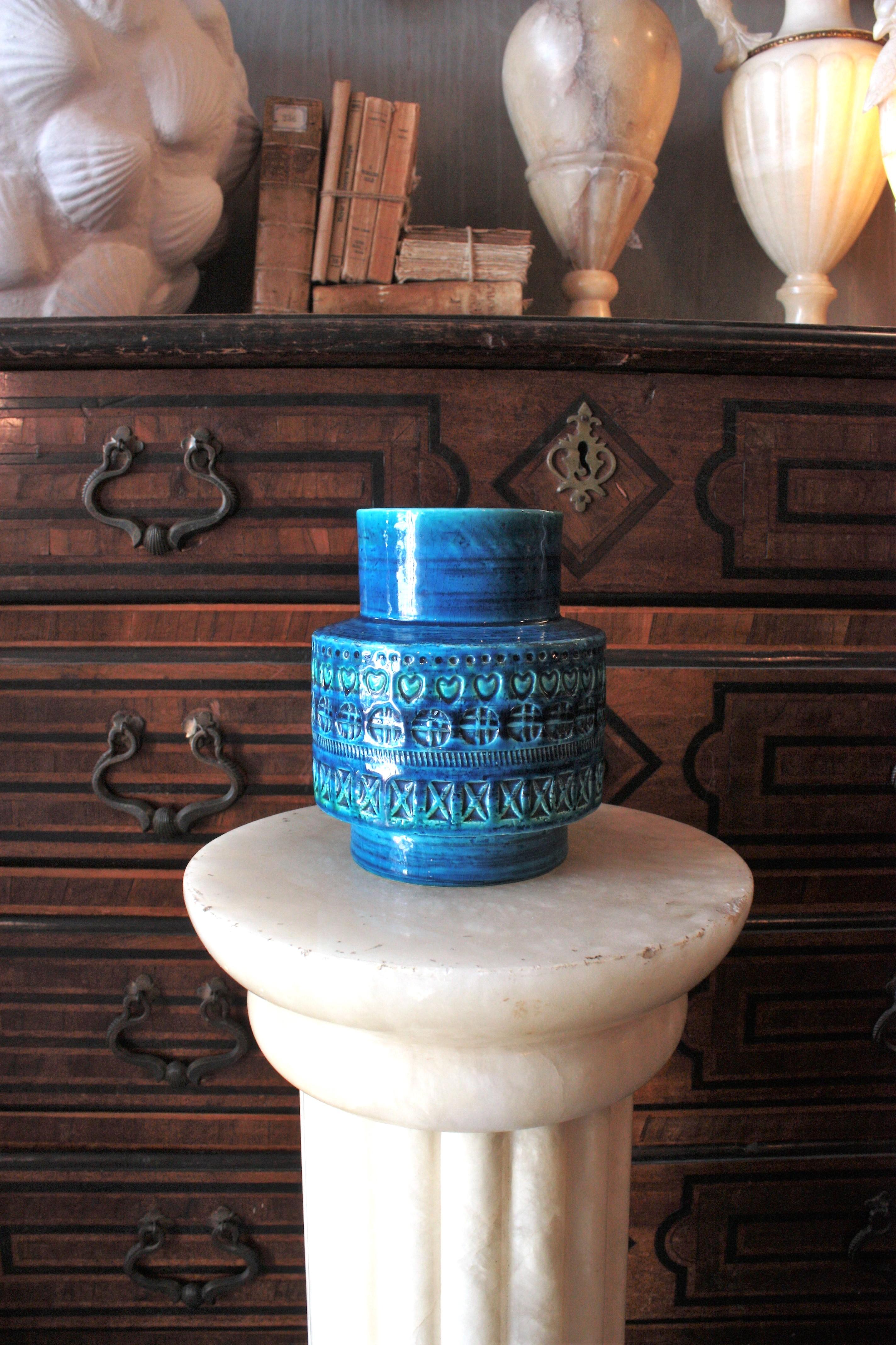 20th Century Midcentury Bitossi Aldo Londi Rimini Blue Glazed Ceramic Vase For Sale