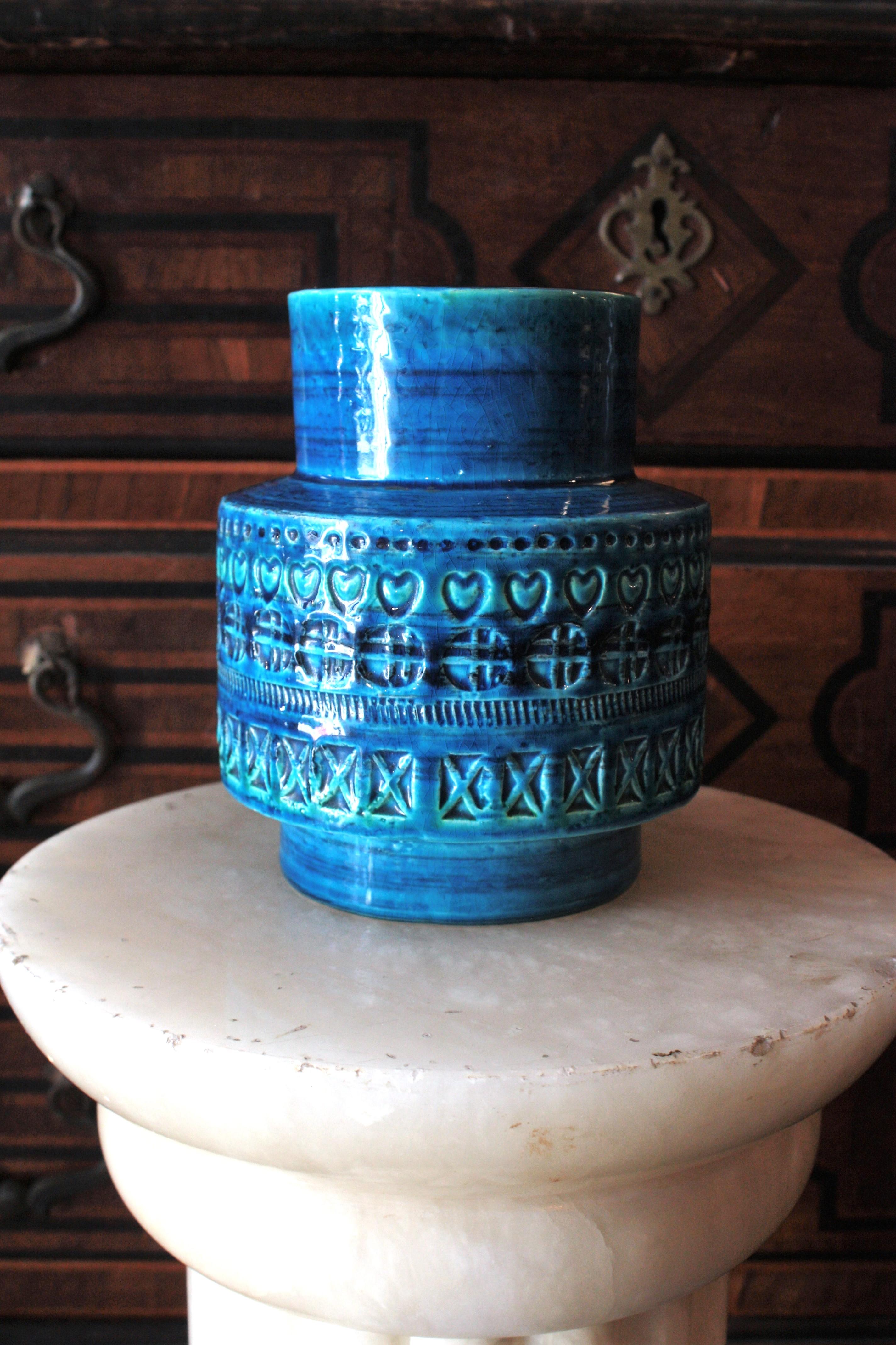 Midcentury Bitossi Aldo Londi Rimini Blue Glazed Ceramic Vase For Sale 1