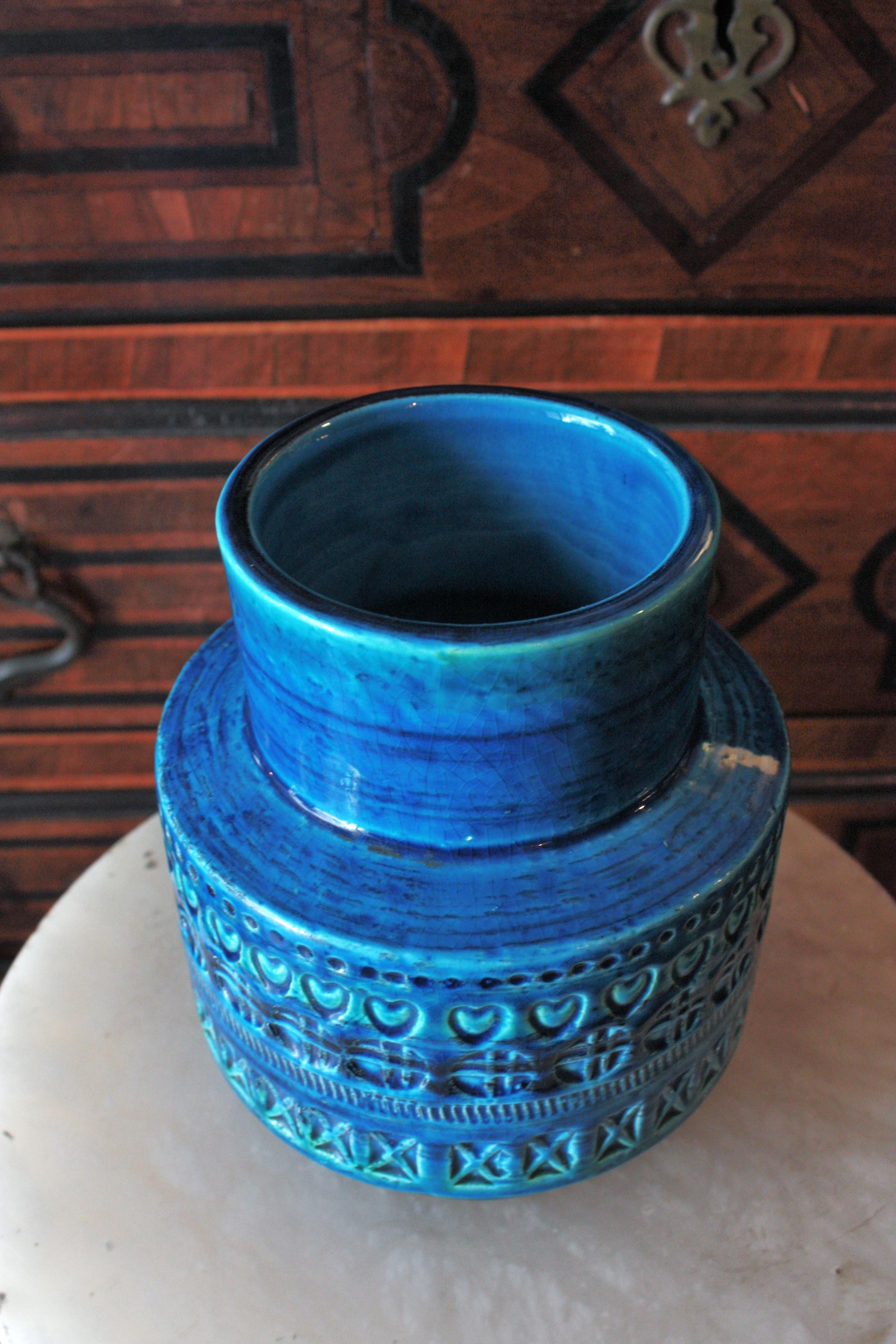 Midcentury Bitossi Aldo Londi Rimini Blue Glazed Ceramic Vase For Sale 2