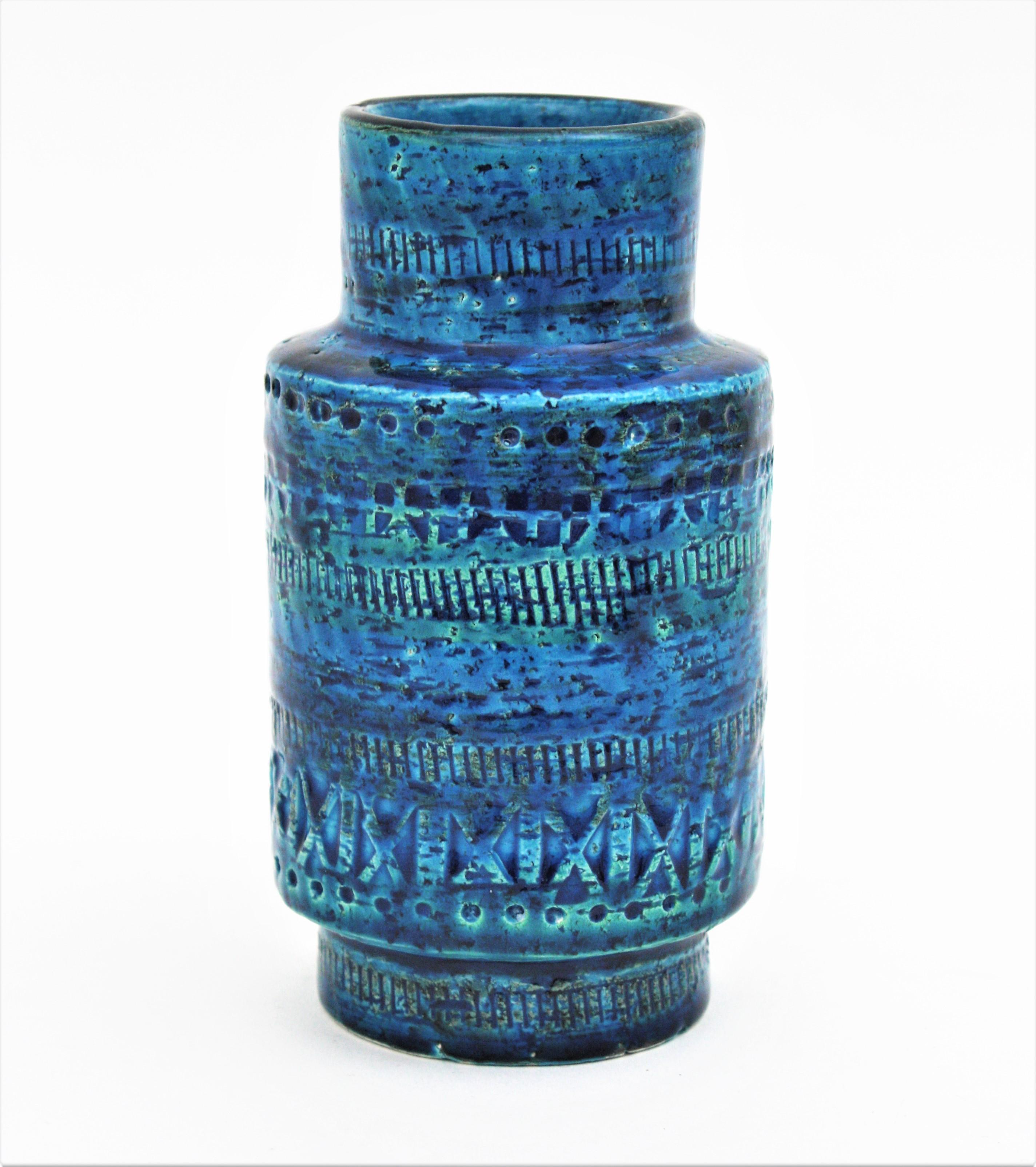 italien Vase en céramique bleue Bitossi Aldo Londi Rimini, années 1960 en vente